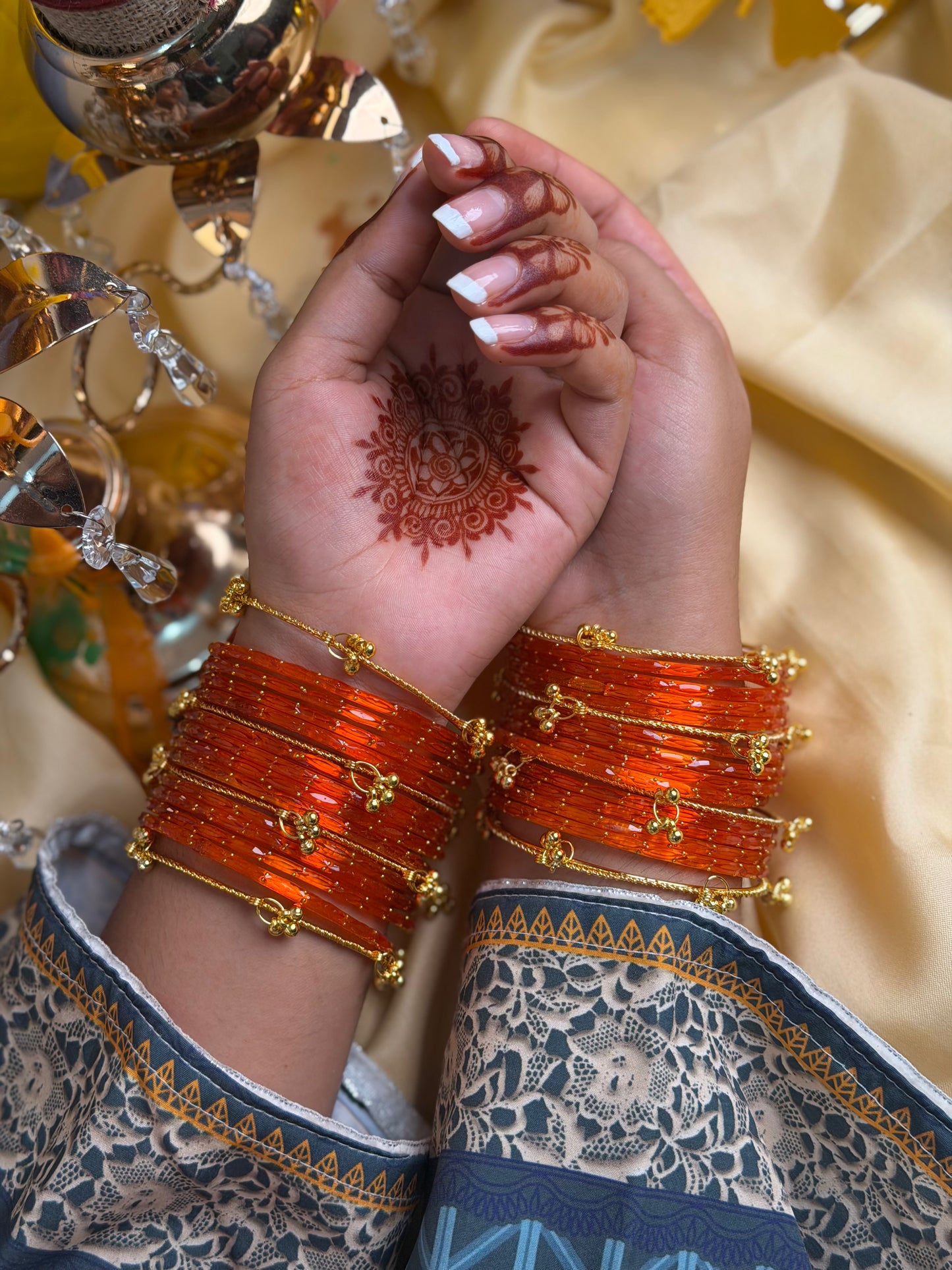 Kashmiri Amber Orange Raindrop stone Ghungroo Glass Bangles