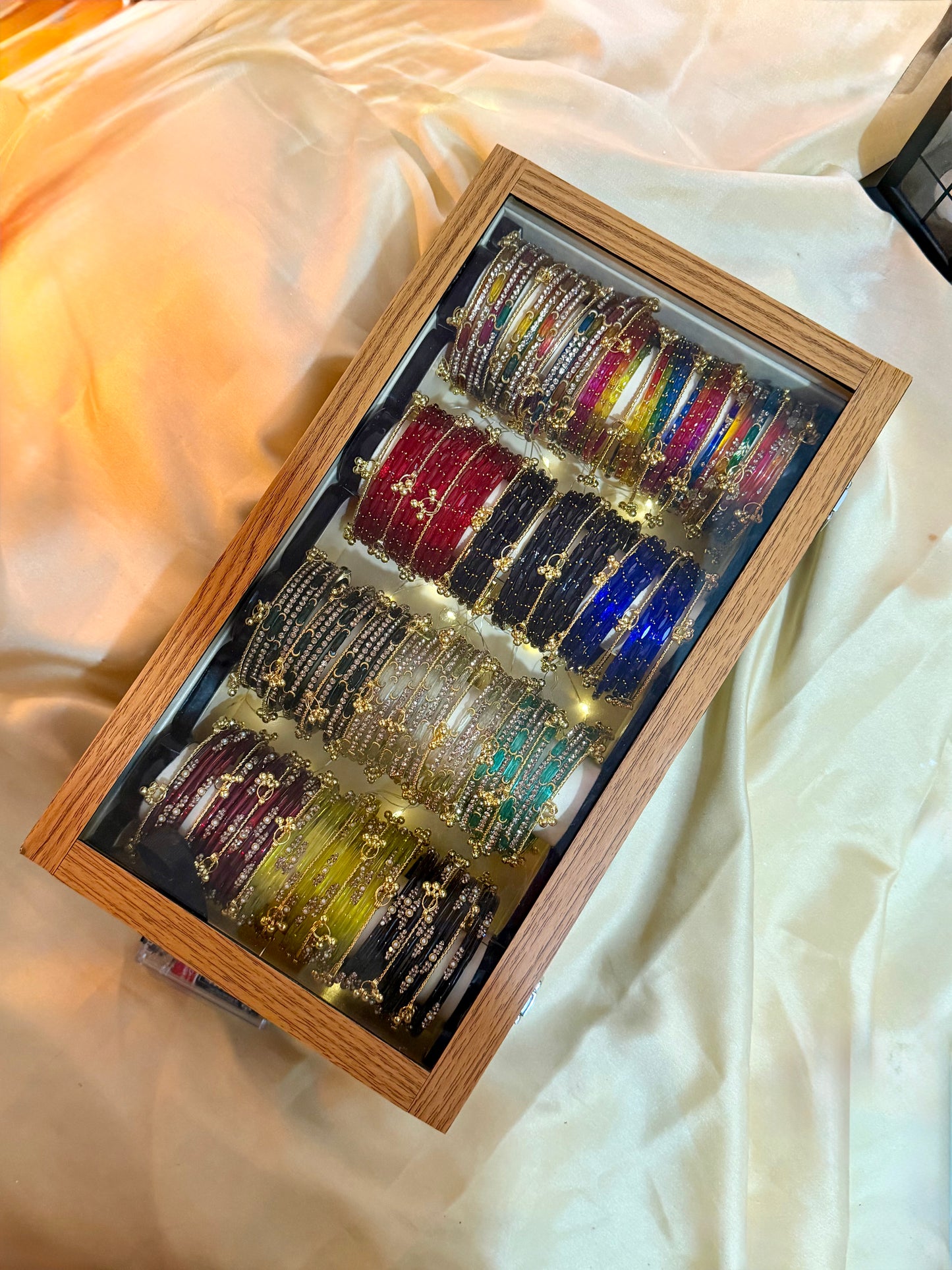 KADAM Premium 4 Row Kashmiri Bangle Gift Box – 144 Pcs Kashmiri Bangles with 48 Pcs Ghungroo | Luxury Wooden Display Box
