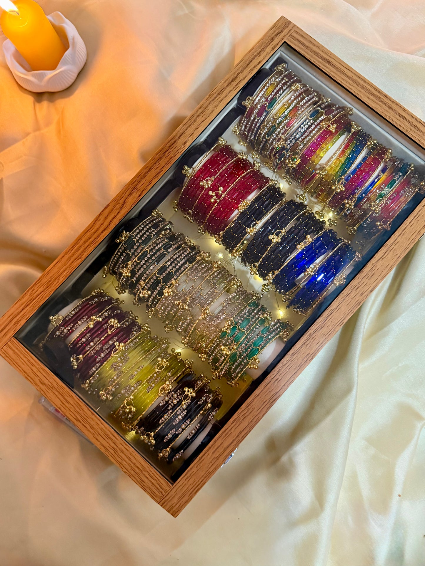 KADAM Premium 4 Row Kashmiri Bangle Gift Box – 144 Pcs Kashmiri Bangles with 48 Pcs Ghungroo | Luxury Wooden Display Box
