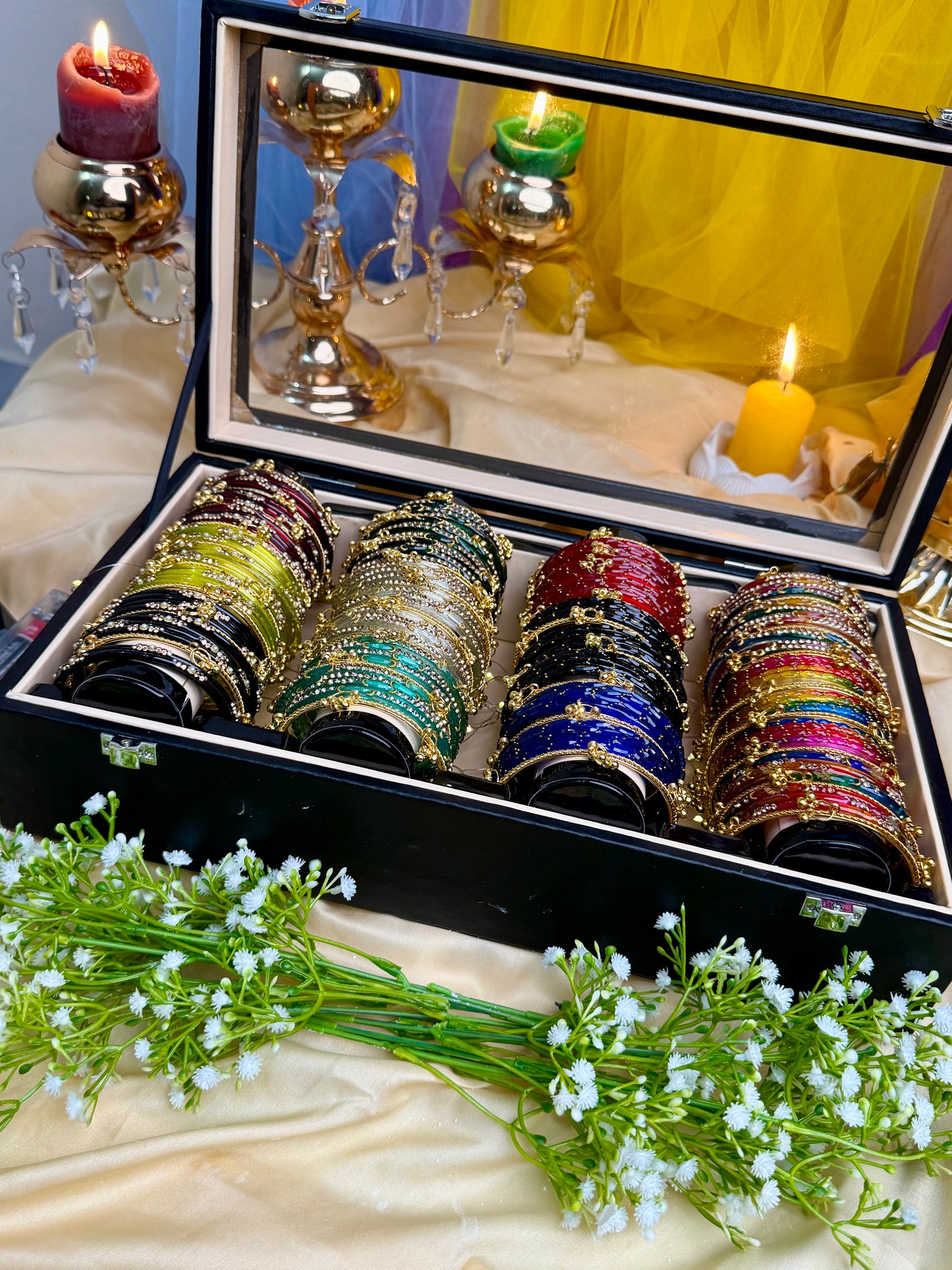 KADAM Premium 4 Row Kashmiri Bangle Gift Box – 144 Pcs Kashmiri Bangles with 48 Pcs Ghungroo | Luxury Wooden Display Box