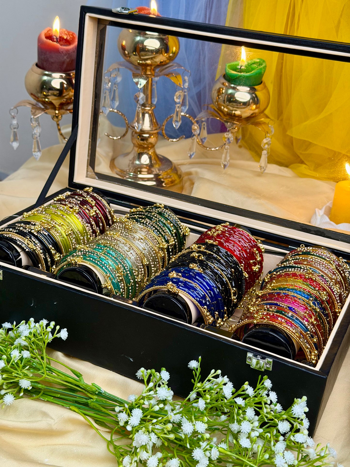 KADAM Premium 4 Row Kashmiri Bangle Gift Box – 144 Pcs Kashmiri Bangles with 48 Pcs Ghungroo | Luxury Wooden Display Box