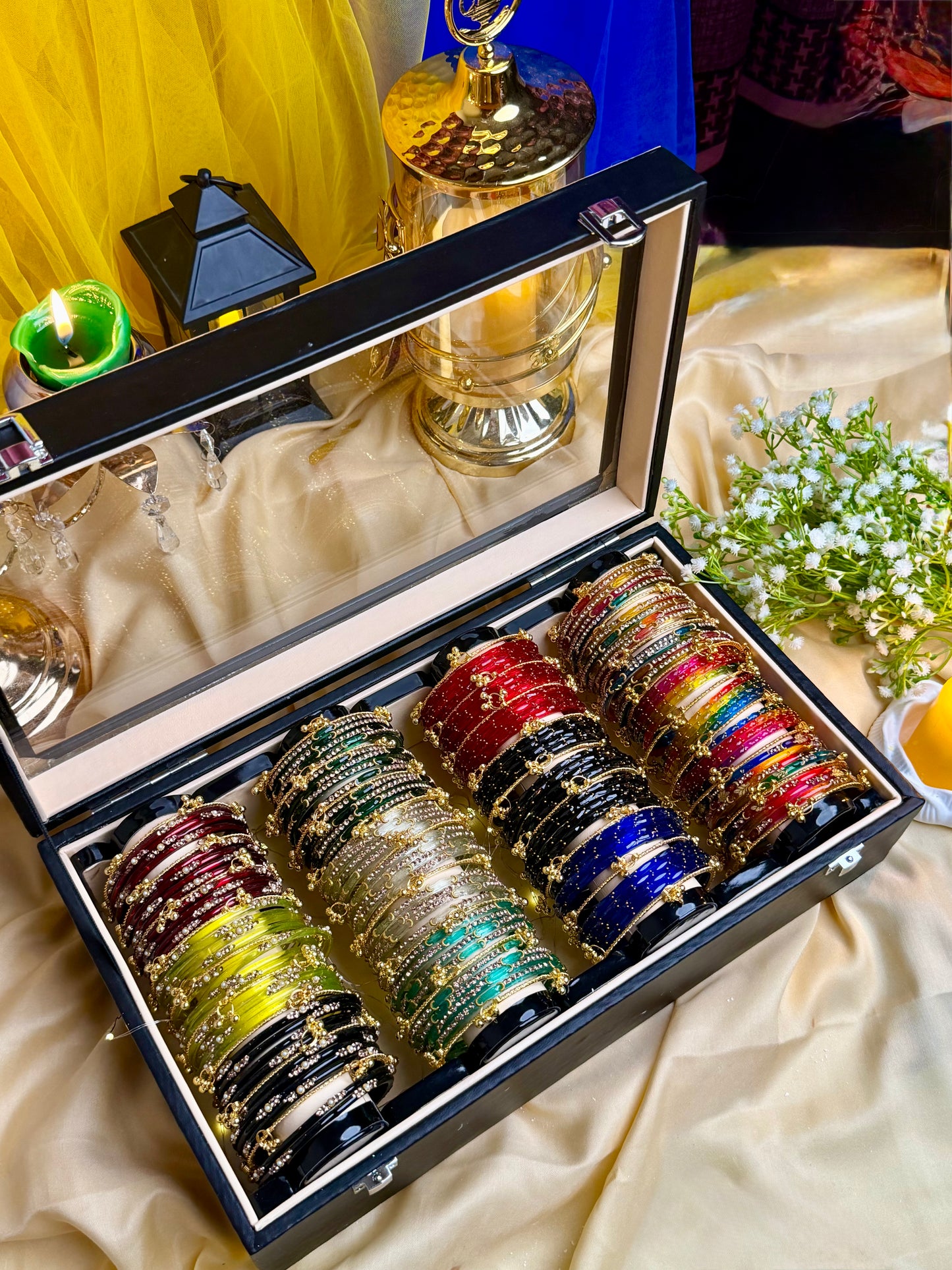 KADAM Premium 4 Row Kashmiri Bangle Gift Box – 144 Pcs Kashmiri Bangles with 48 Pcs Ghungroo | Luxury Wooden Display Box