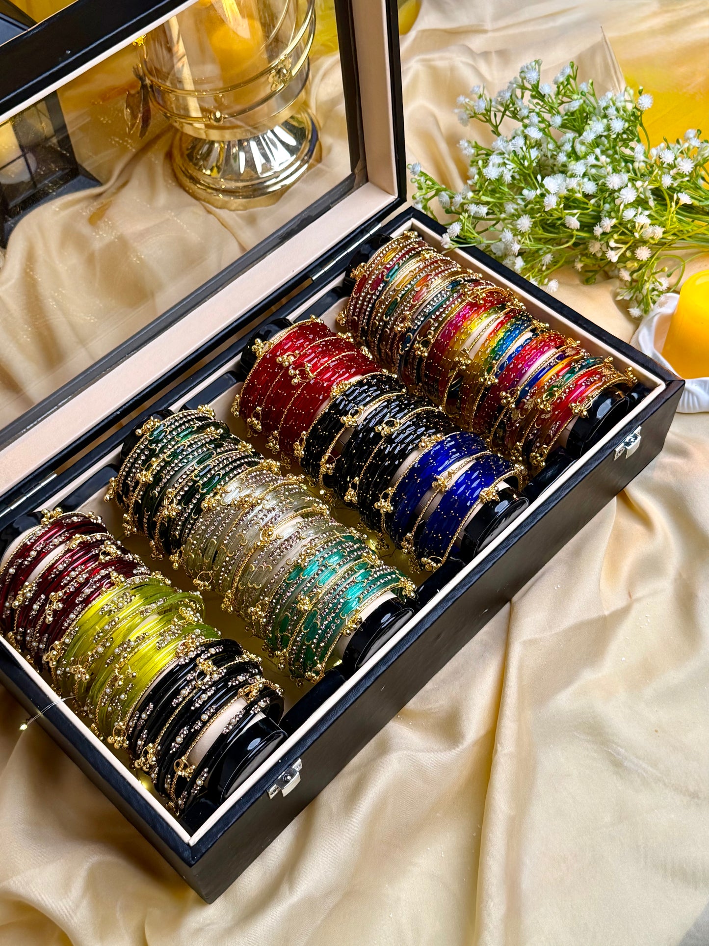 KADAM Premium 4 Row Kashmiri Bangle Gift Box – 144 Pcs Kashmiri Bangles with 48 Pcs Ghungroo | Luxury Wooden Display Box