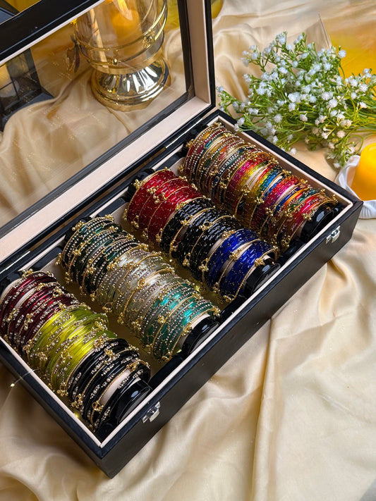 KADAM Premium 4 Row Kashmiri Bangle Gift Box – 144 Pcs Kashmiri Bangles with 48 Pcs Ghungroo | Luxury Wooden Gift Box