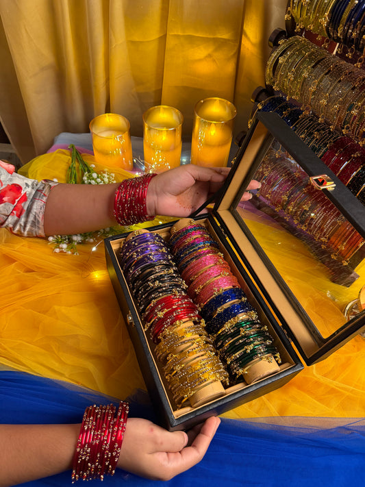 Kashmiri Premium 8 Set Ghungroo Bangle Collection Box – 96 Pcs Original Kashmiri Bangles + 32 Pcs Golden Ghungroo | Luxury Glass Display Gift Box