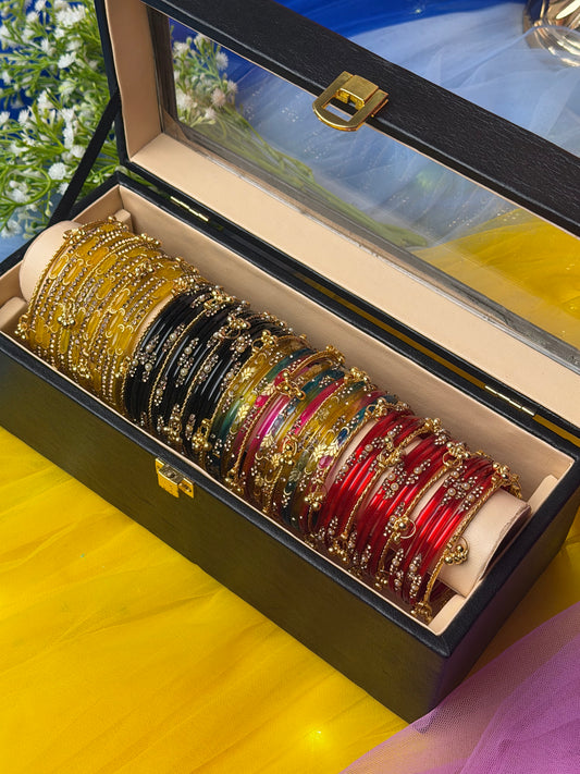 Kashmiri Premium 4 Set Bangle Collection Box – 48 Pcs Original Kashmiri Bangles + 16 Pcs Golden Ghungroo | Luxury Gift Box (Box included )
