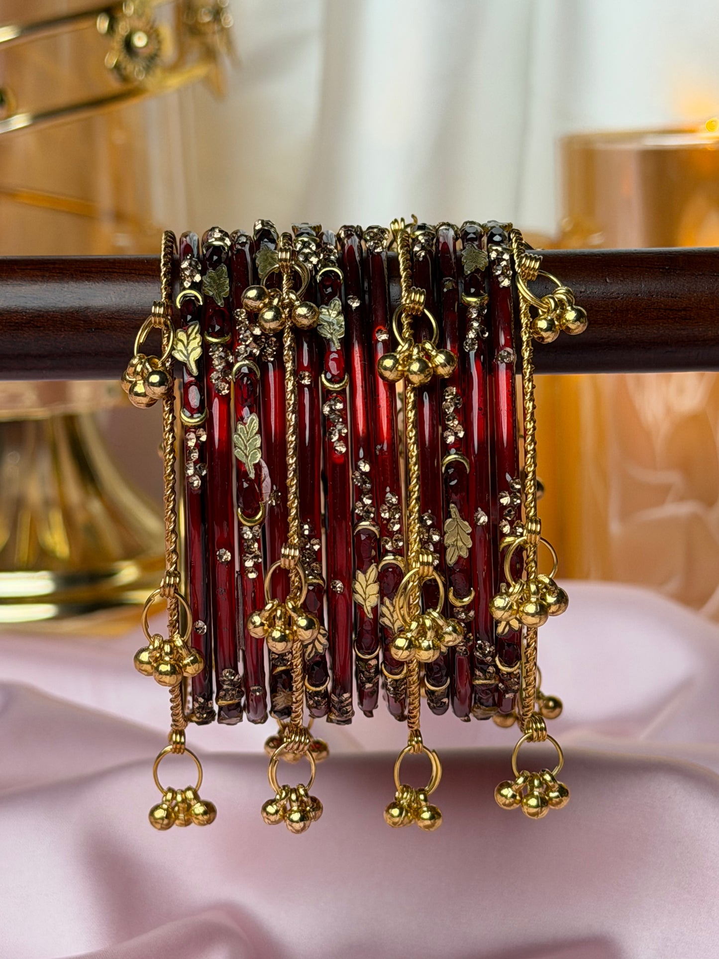 Kashmiri Royal Garnet Golden Leaf ghungroo  Bangles