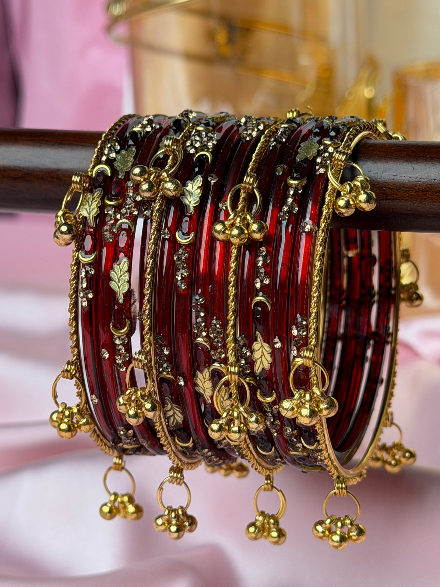 Kashmiri Royal Garnet Golden Leaf ghungroo  Bangles