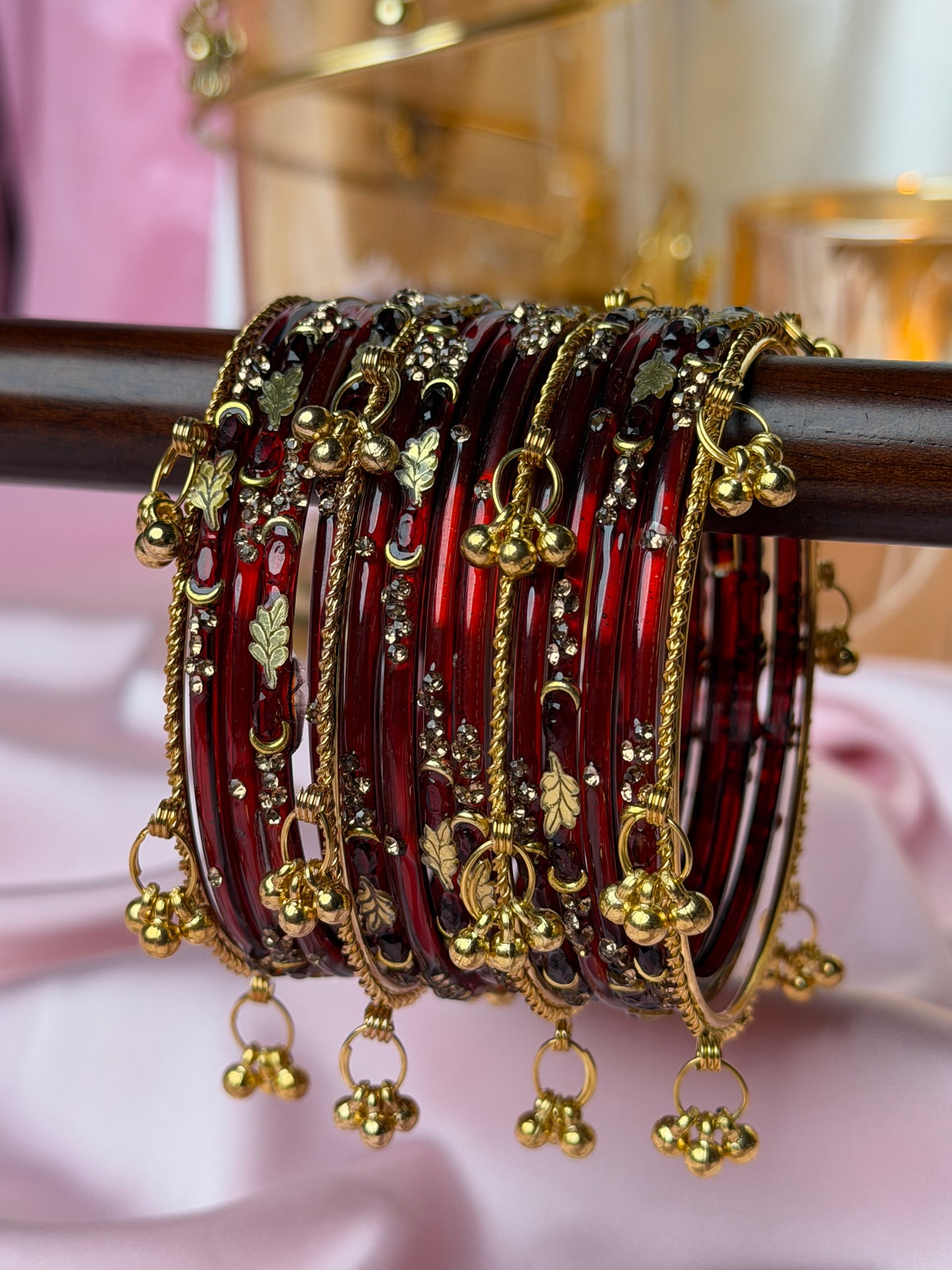 Kashmiri Royal Garnet Golden Leaf ghungroo  Bangles