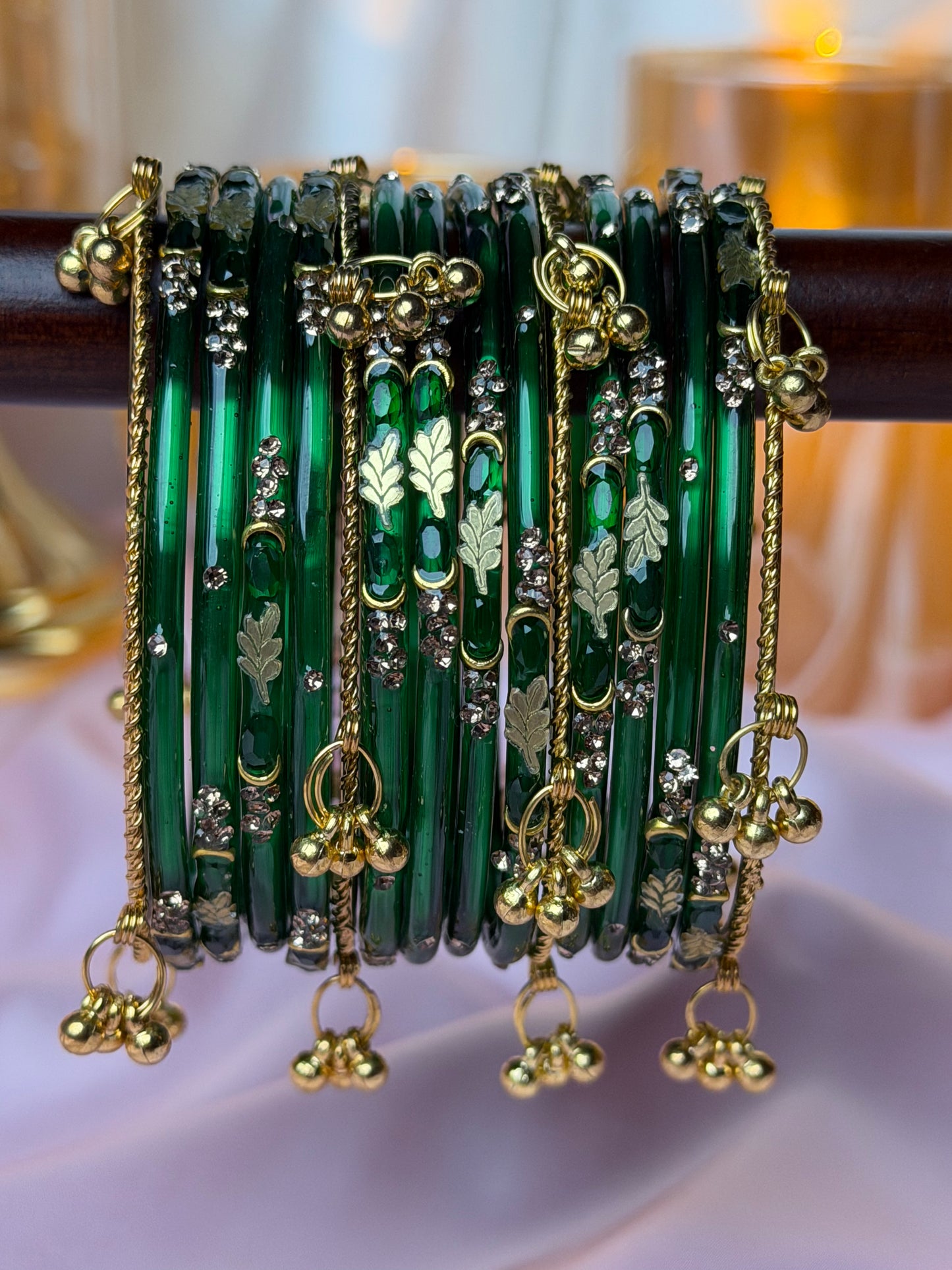 Kashmiri bangles Emerald Green   Golden Leaf ghungroo Bangles