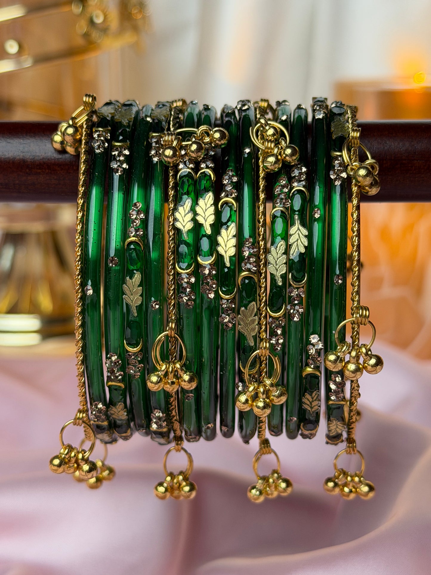 Kashmiri bangles Emerald Green   Golden Leaf ghungroo Bangles