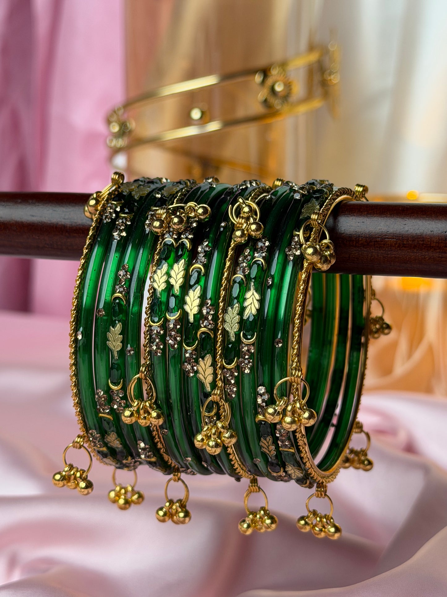 Kashmiri bangles Emerald Green   Golden Leaf ghungroo Bangles
