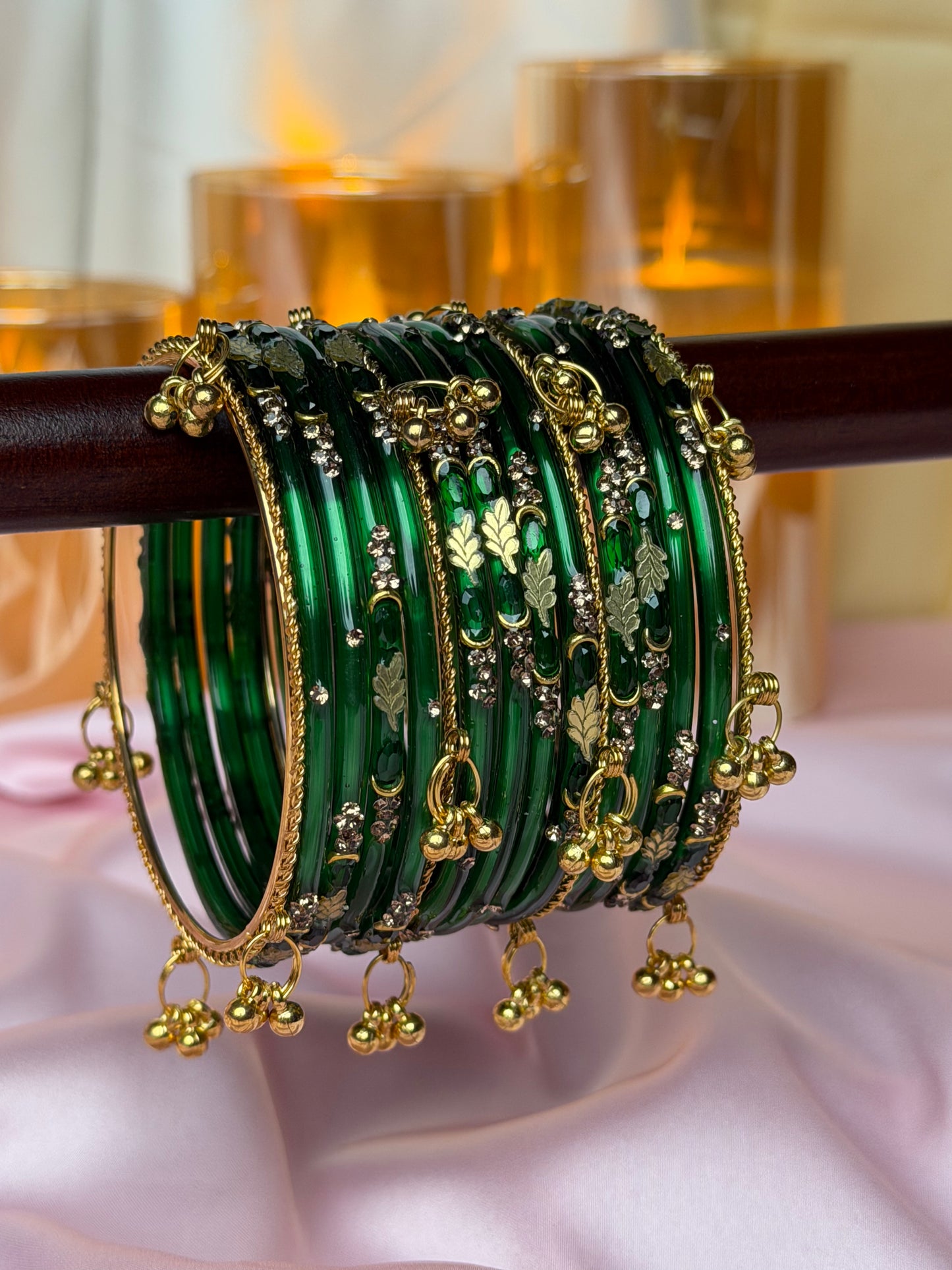 Kashmiri bangles Emerald Green   Golden Leaf ghungroo Bangles