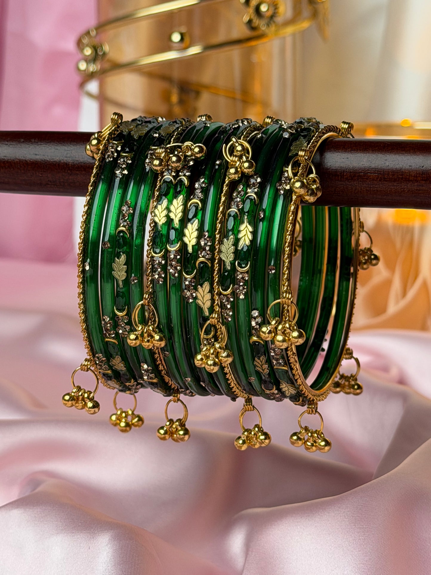 Kashmiri bangles Emerald Green   Golden Leaf ghungroo Bangles