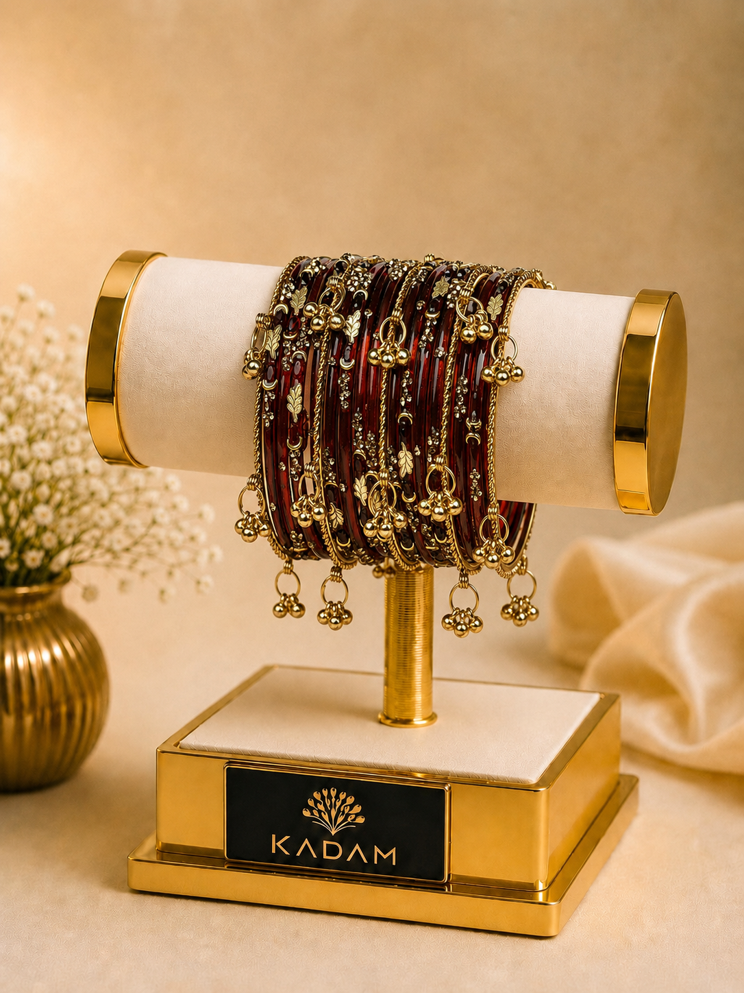 Kashmiri Royal Garnet Golden Leaf ghungroo  Bangles