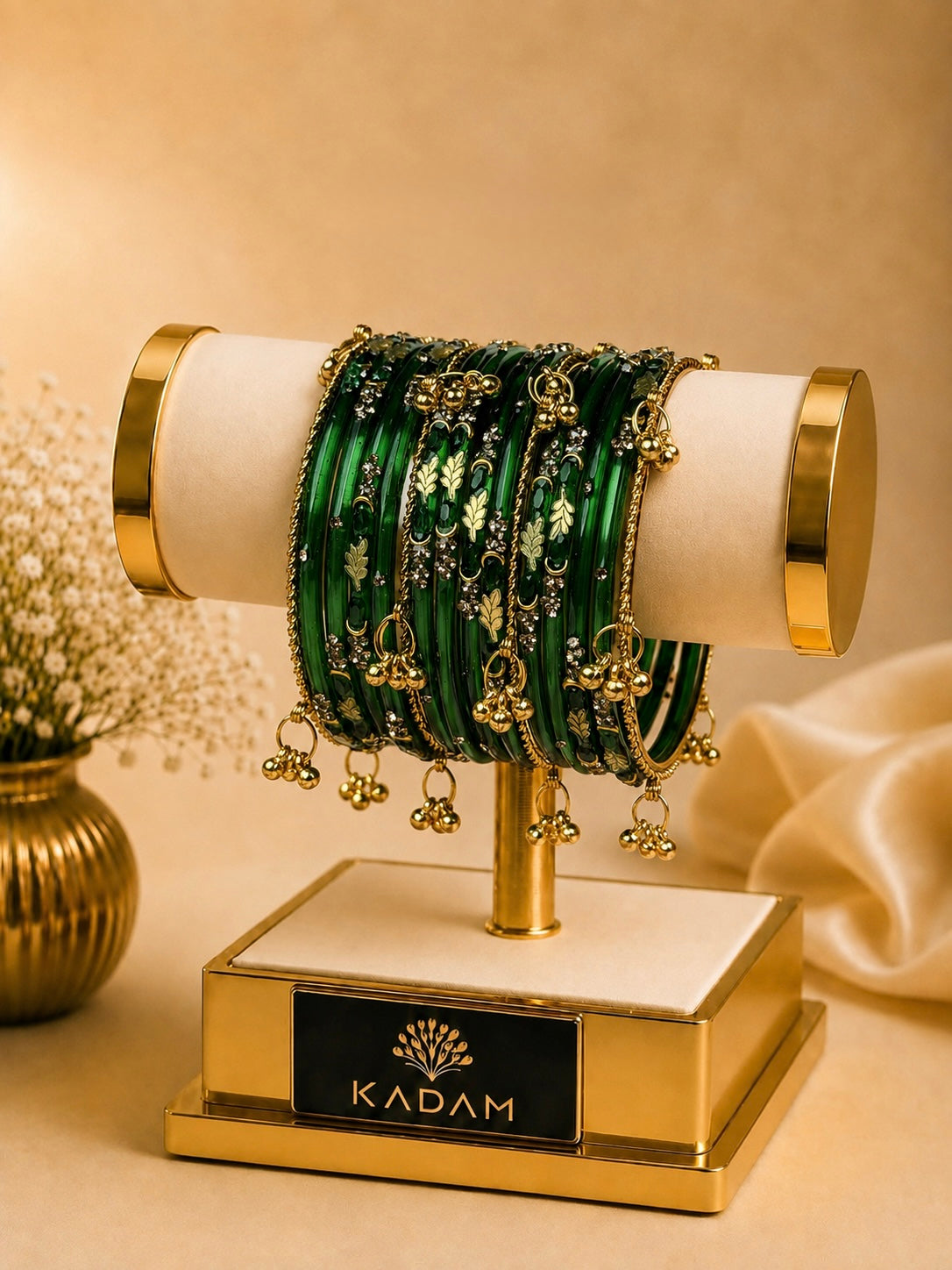 Kashmiri bangles Emerald Green   Golden Leaf ghungroo Bangles
