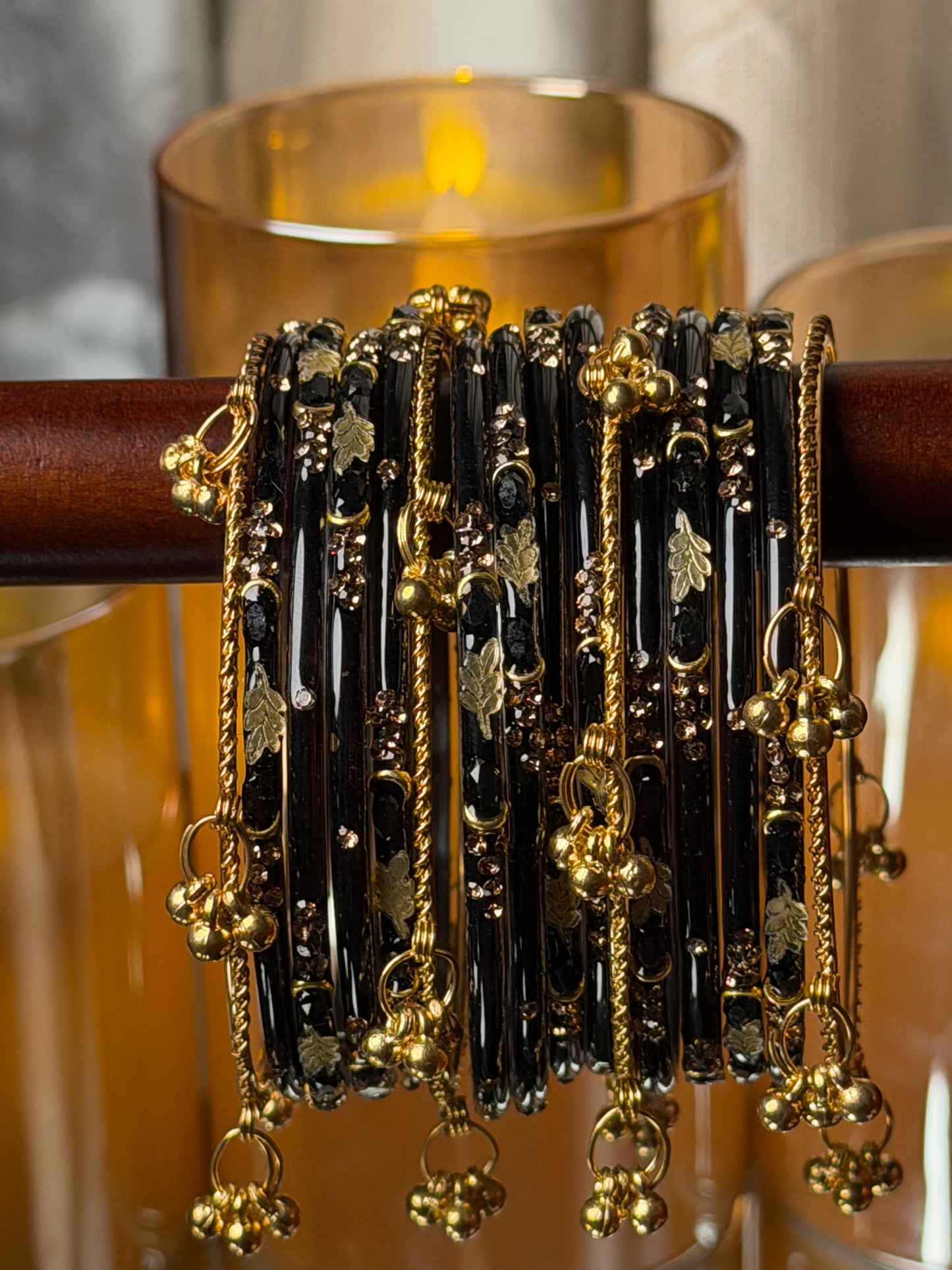 Kashmiri Golden Leaf Black Ghungroo Bangles
