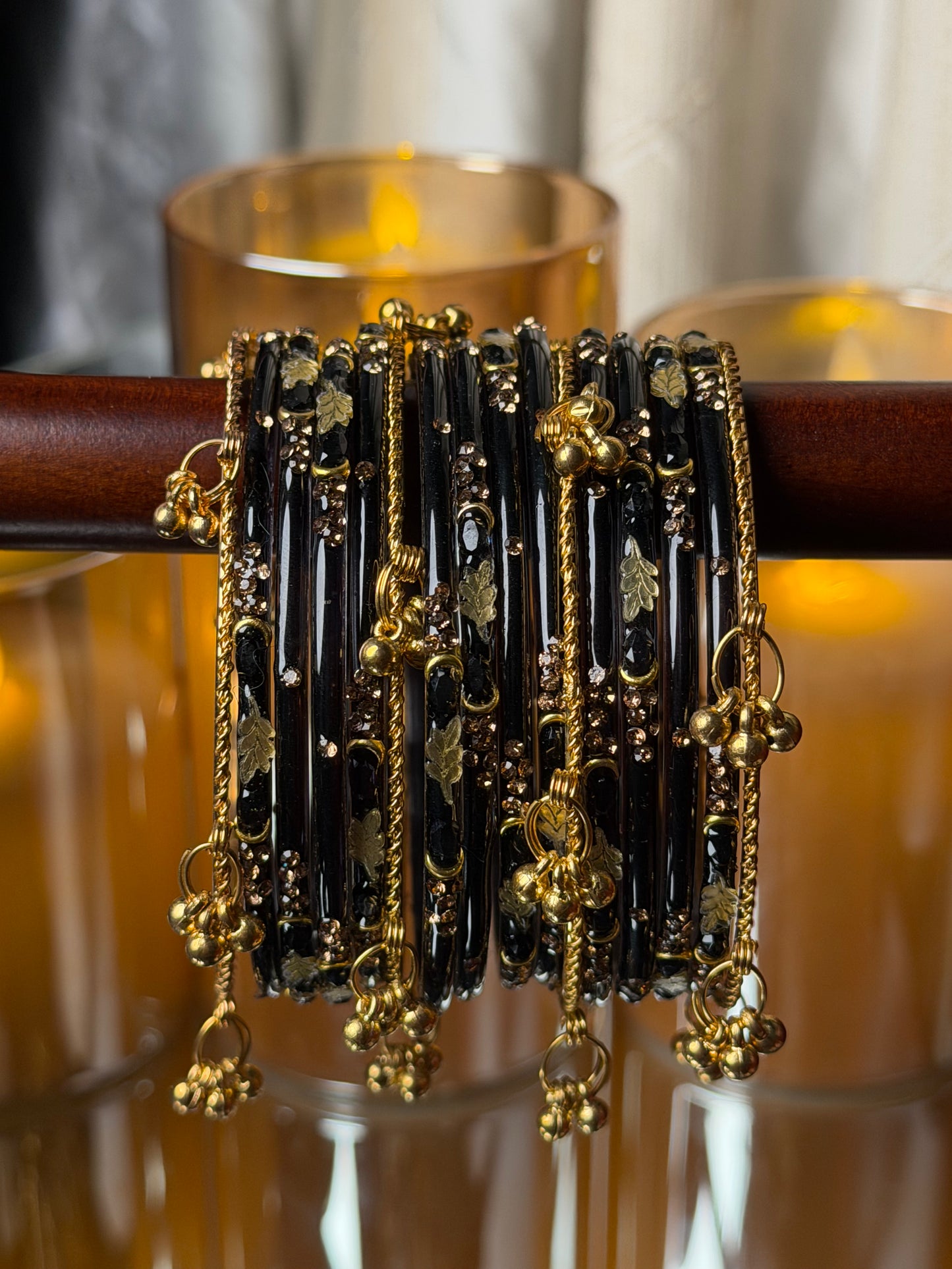 Kashmiri Golden Leaf Black Ghungroo Bangles