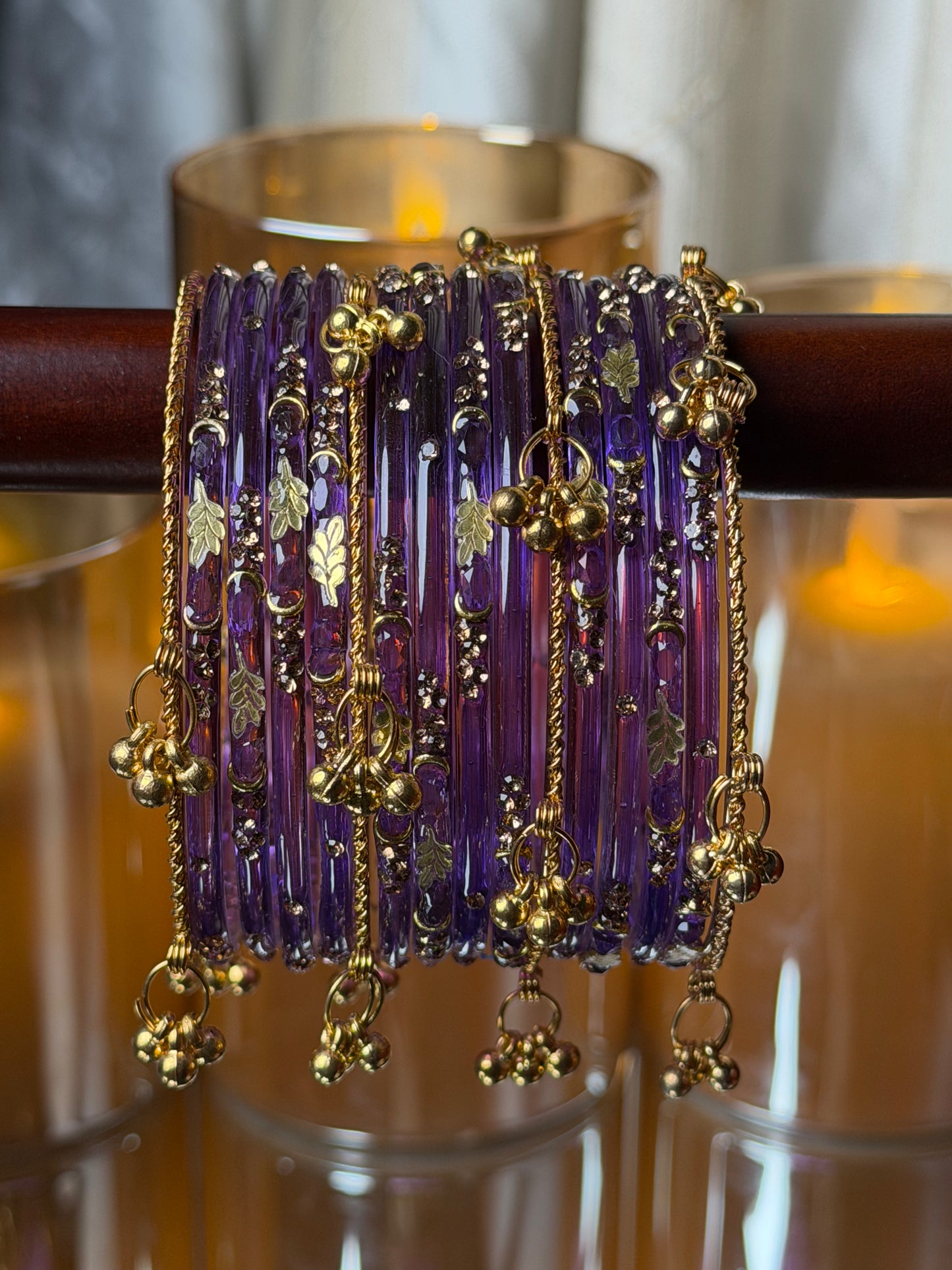 Kashmiri Golden Leaf Royal Amethyst Purple Ghungroo Bangles