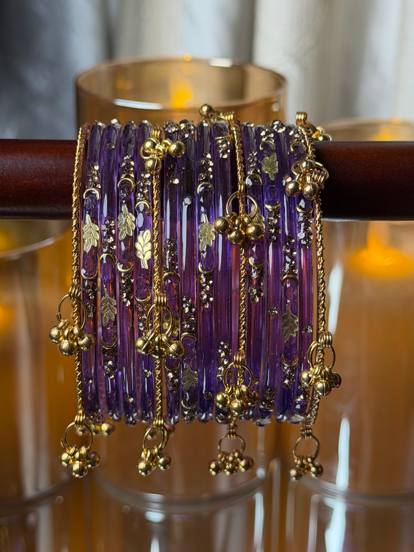 Kashmiri Golden Leaf Royal Amethyst Purple Ghungroo Bangles