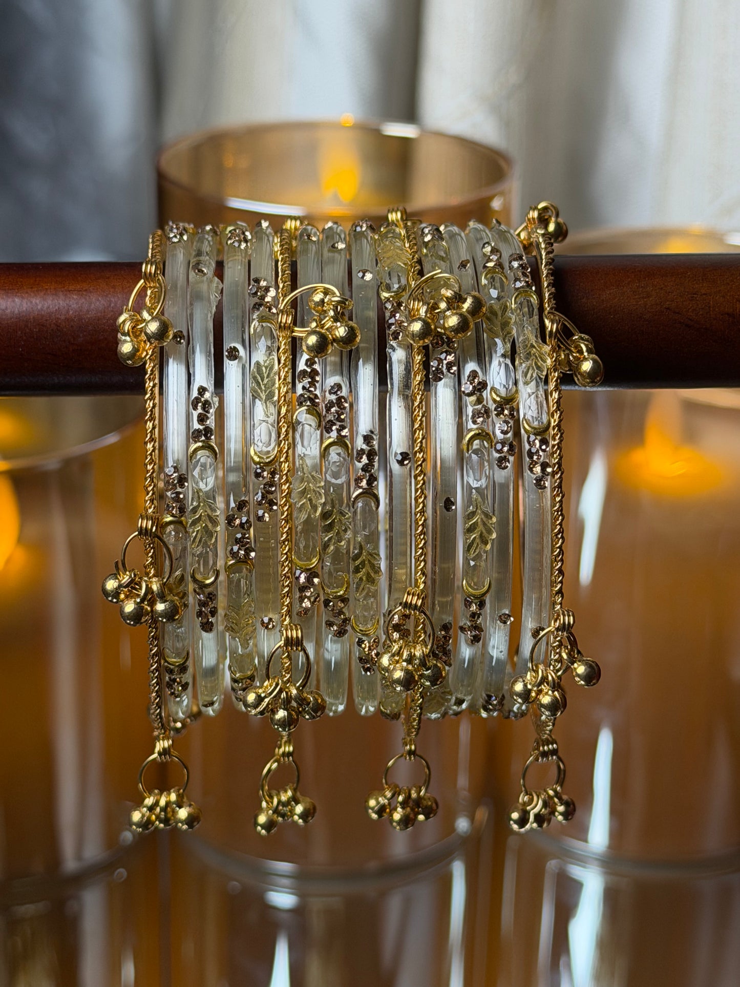 Kashmiri Golden Leaf Crystal Champagne Ghungroo Bangles