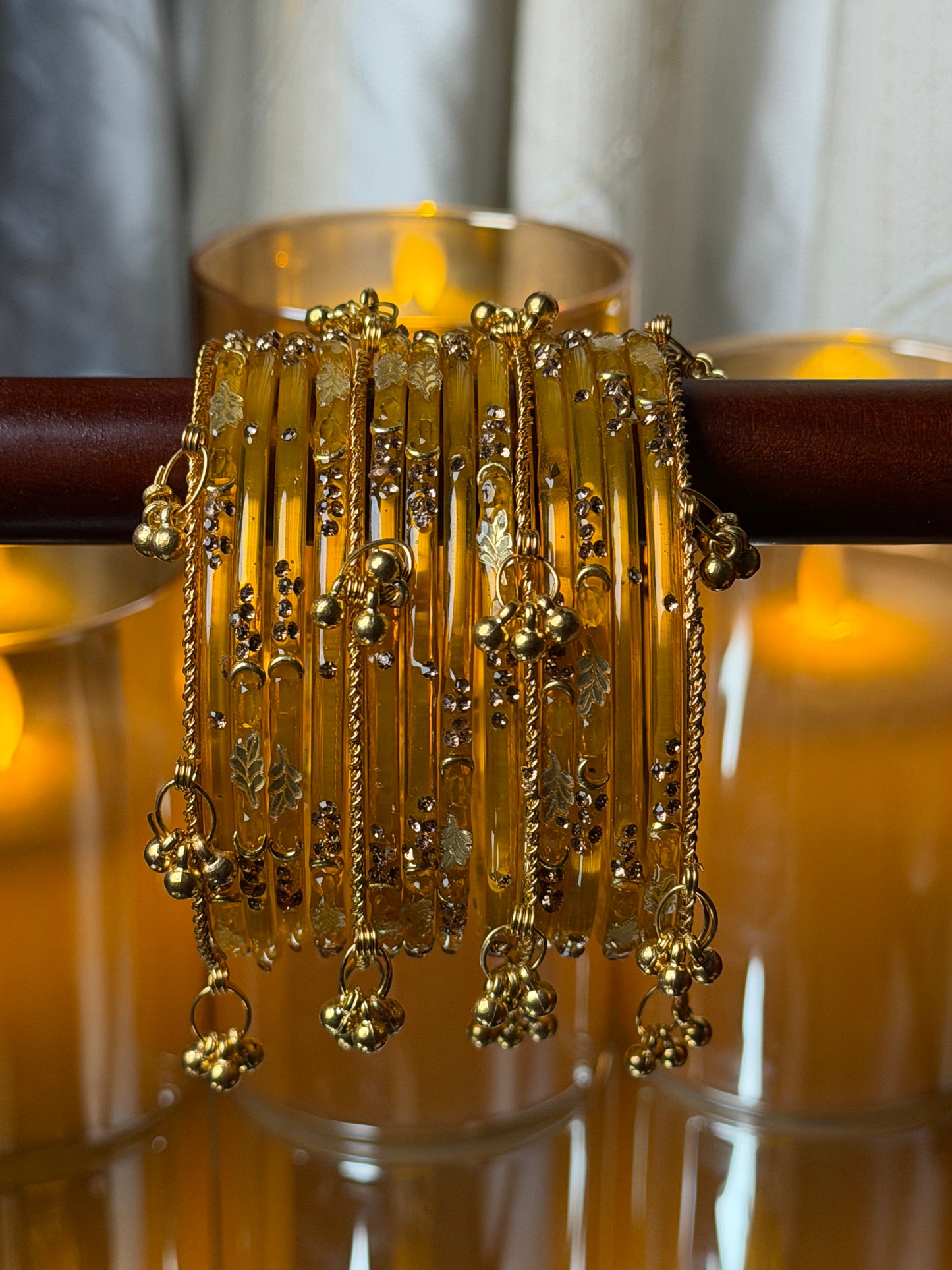 Kashmiri Golden Leaf Honey Amber Ghungroo Bangles