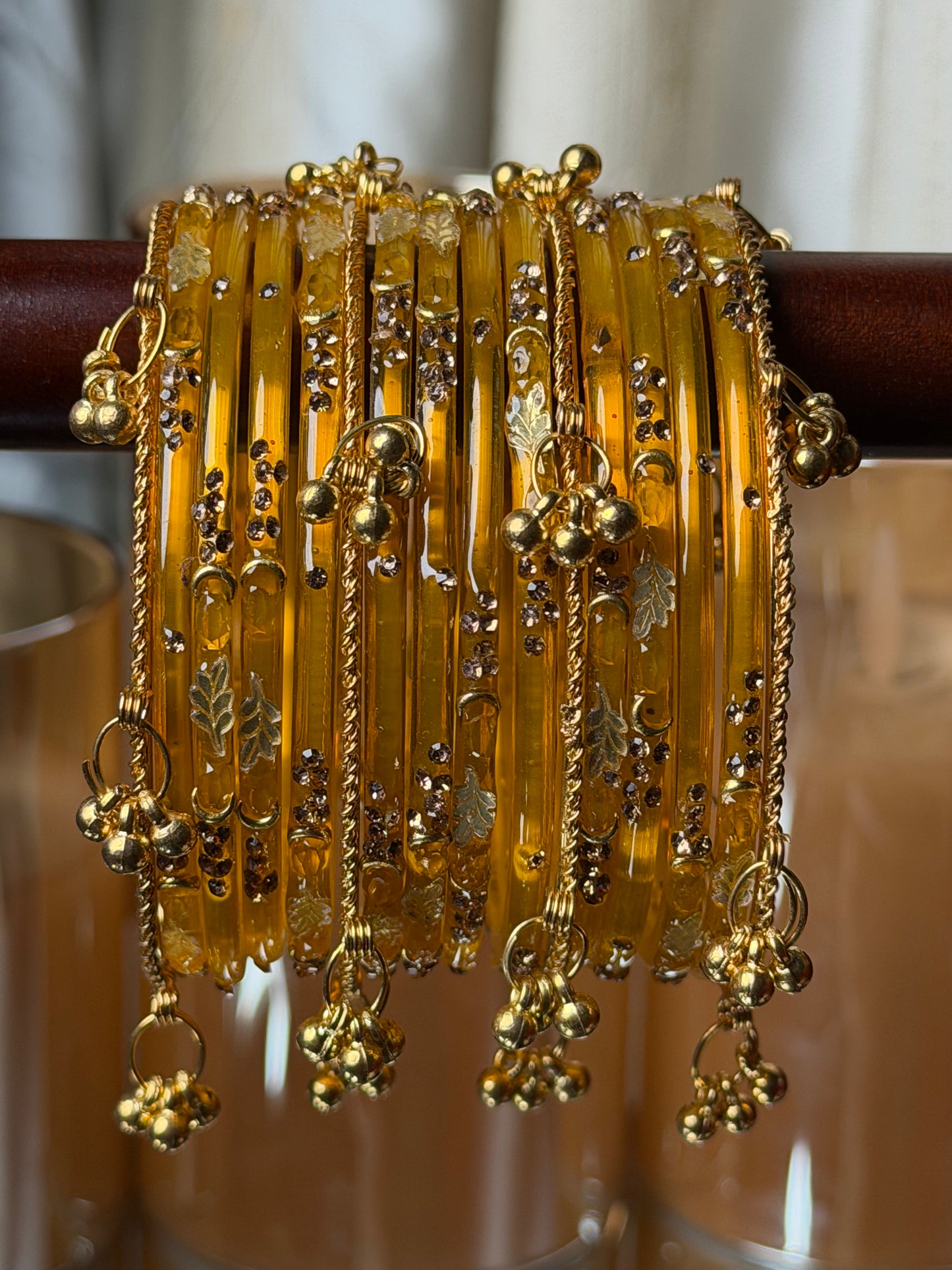 Kashmiri Golden Leaf Honey Amber Ghungroo Bangles