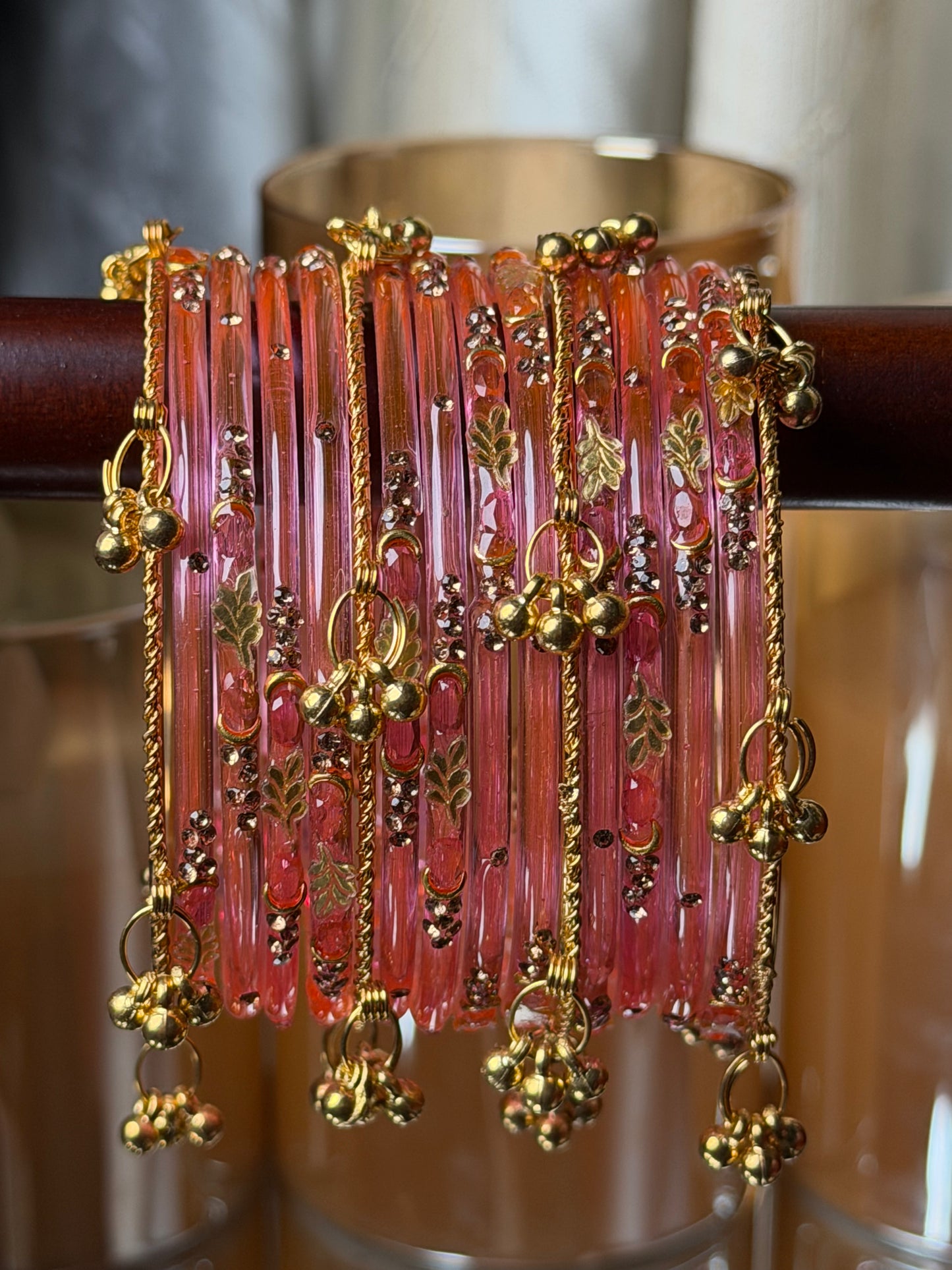 Kashmiri Golden Leaf Peach Pink  Ghungroo Bangles