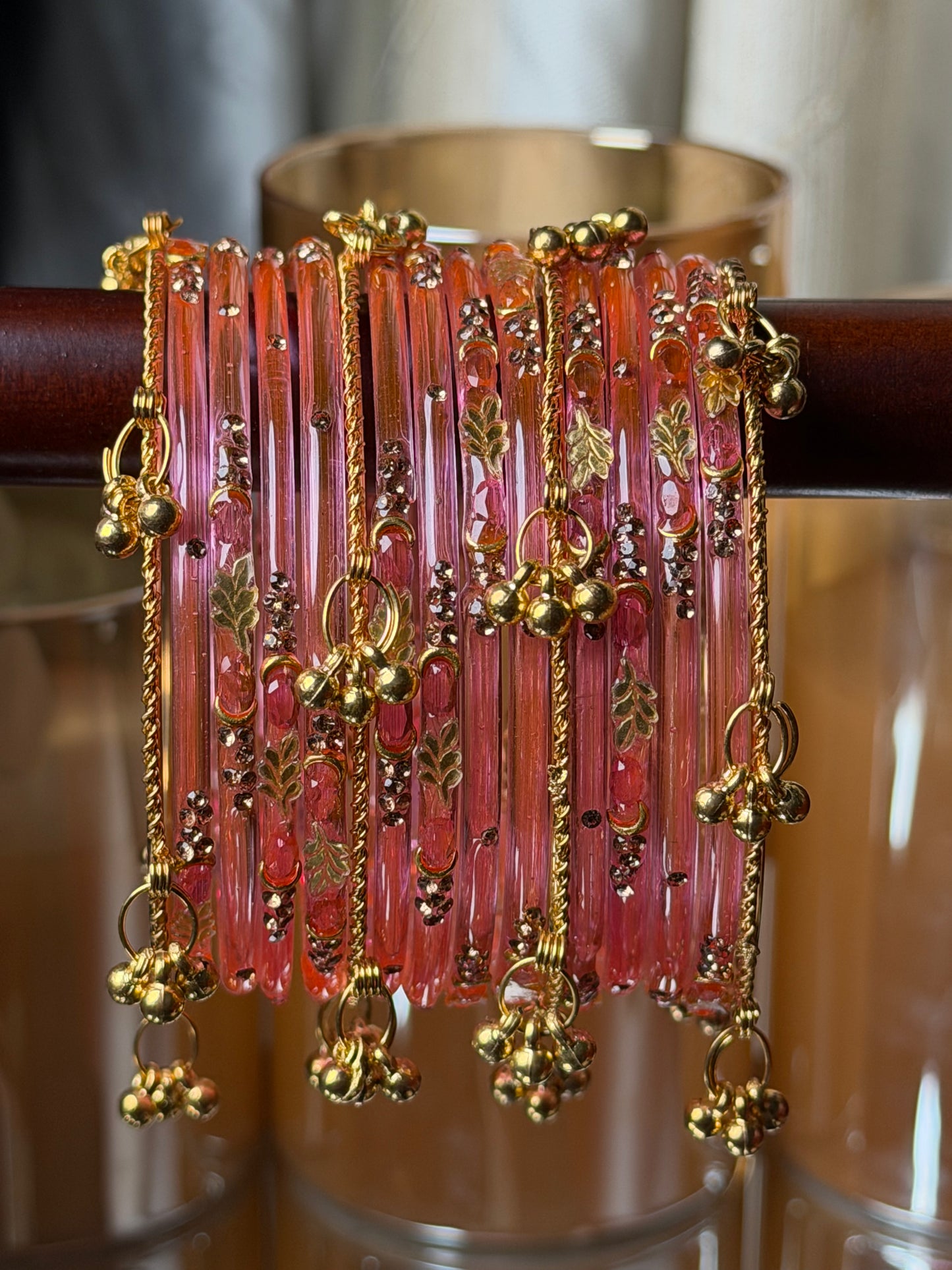 Kashmiri Golden Leaf Peach Pink  Ghungroo Bangles
