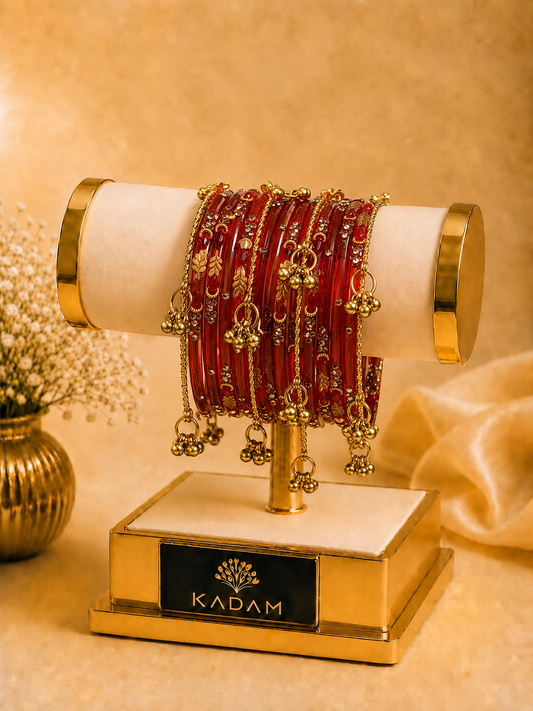Kashmiri Red Golden Leaf ghungroo Bangles
