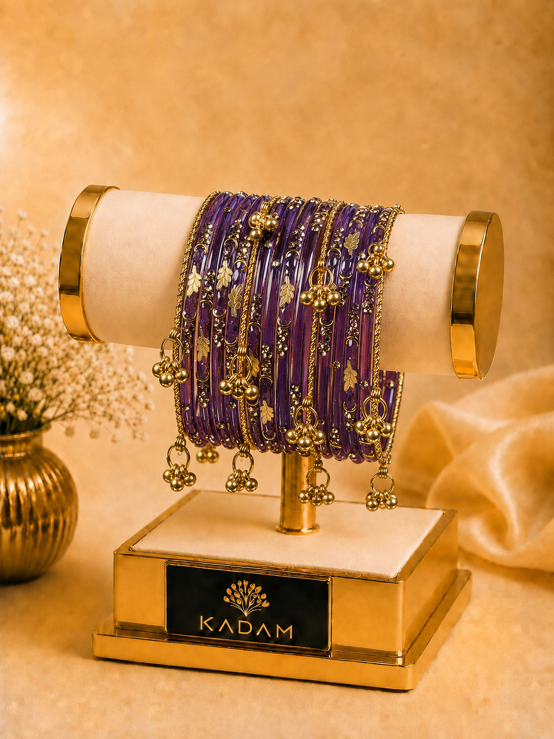 Kashmiri Golden Leaf Royal Amethyst Purple Ghungroo Bangles