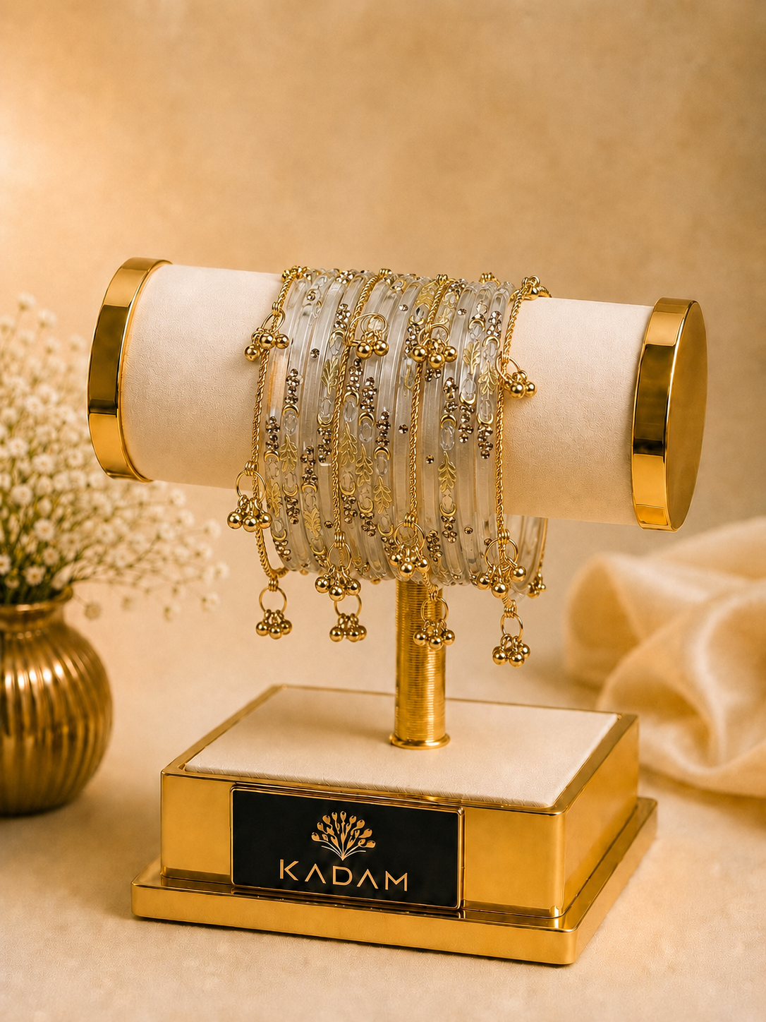 Kashmiri Golden Leaf Crystal Champagne Ghungroo Bangles