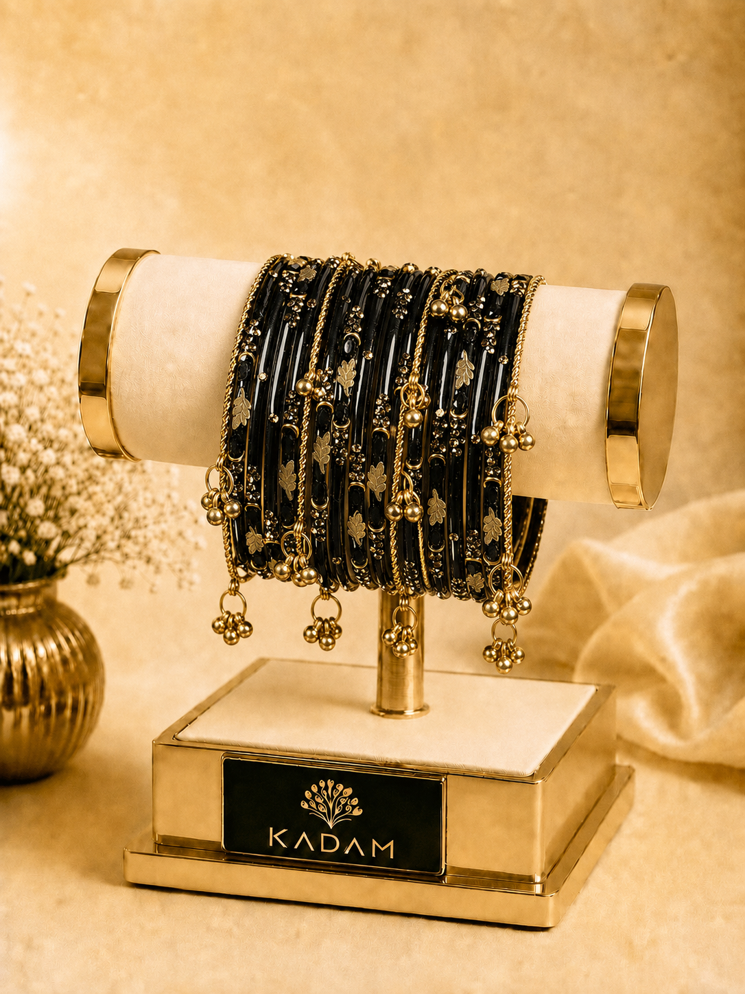 Kashmiri Golden Leaf Black Ghungroo Bangles