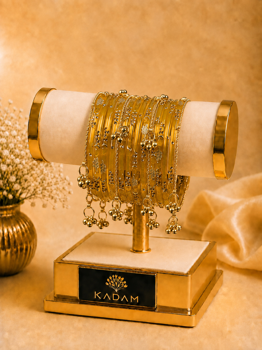 Kashmiri Golden Leaf Honey Amber Ghungroo Bangles