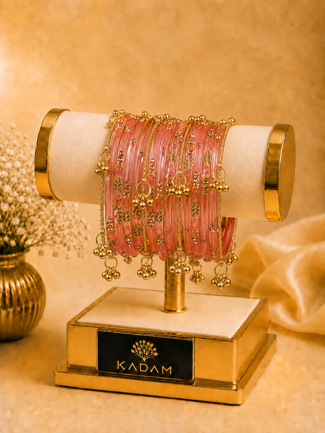 Kashmiri Golden Leaf Peach Pink  Ghungroo Bangles