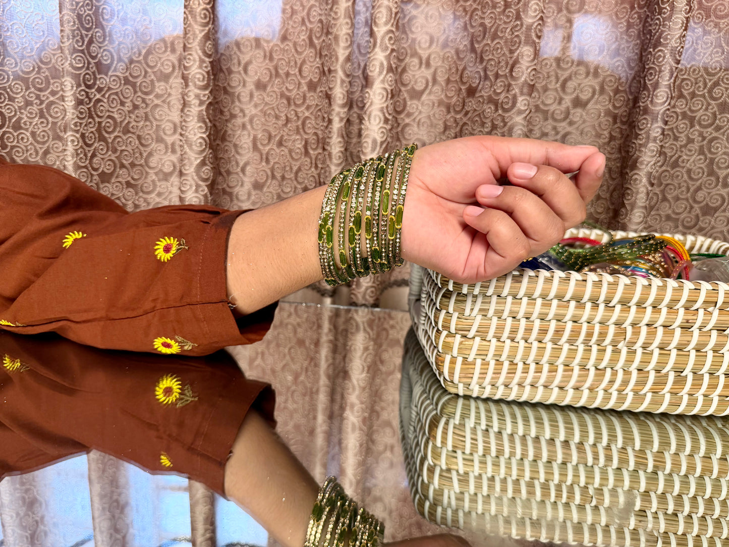 Kashmiri Dadima Jhumka Light Olive Green Bangles