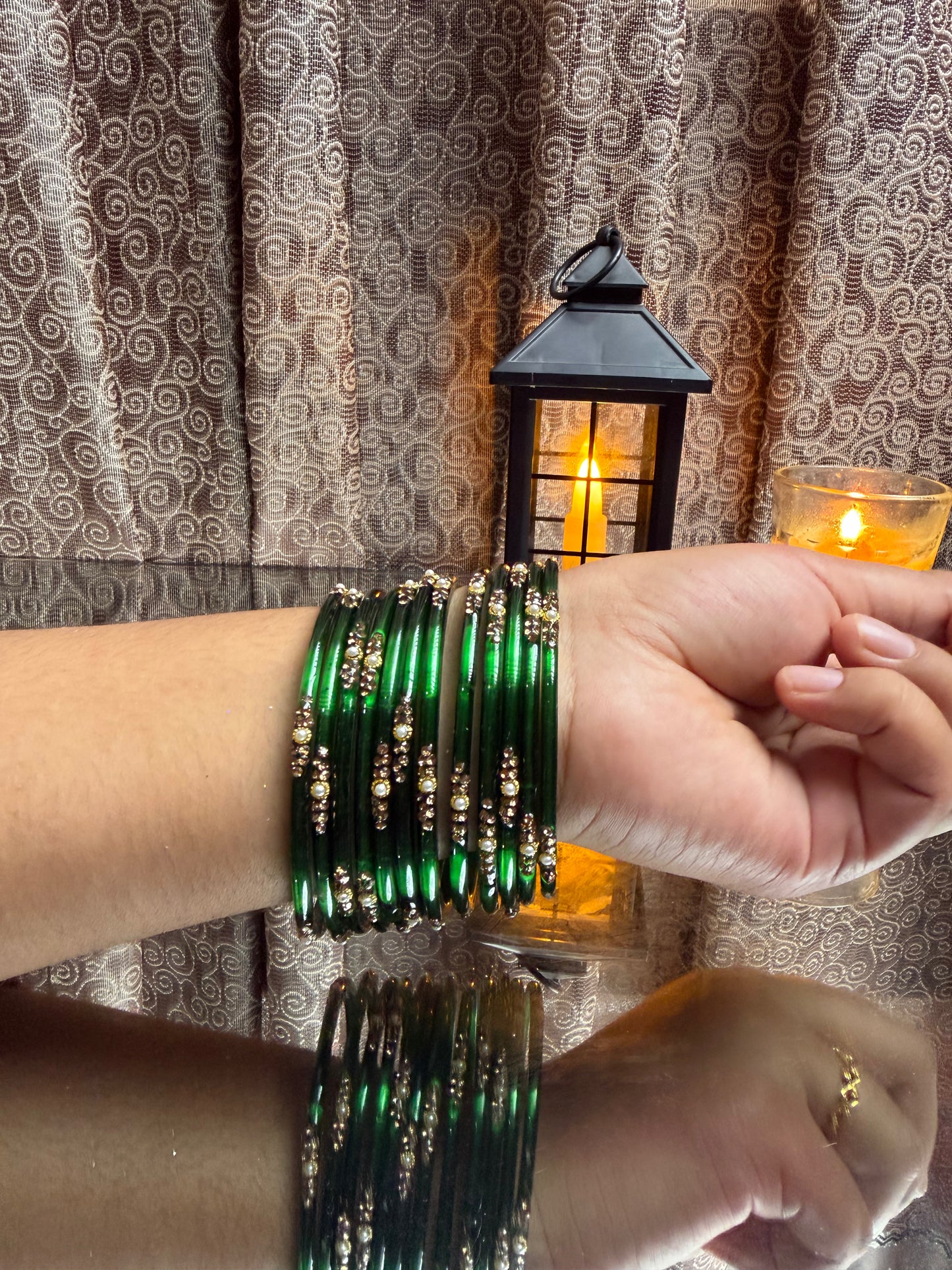 Kashmiri Jhumka Bottle Green Bangles Set