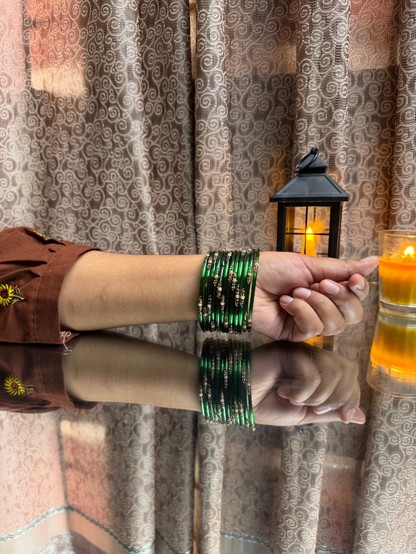 Kashmiri Jhumka Bottle Green Bangles Set