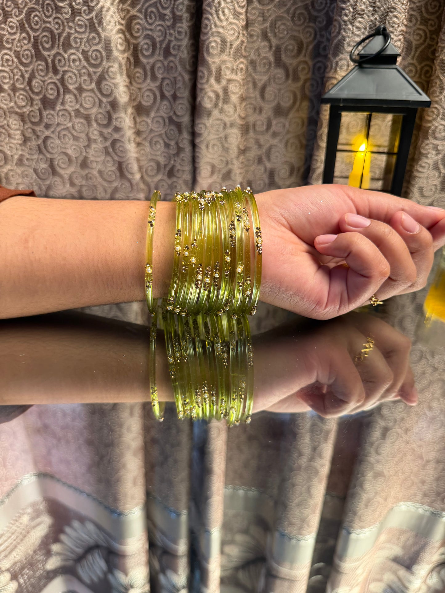 Kashmiri  Jhumka Olive Green  Bangles Set