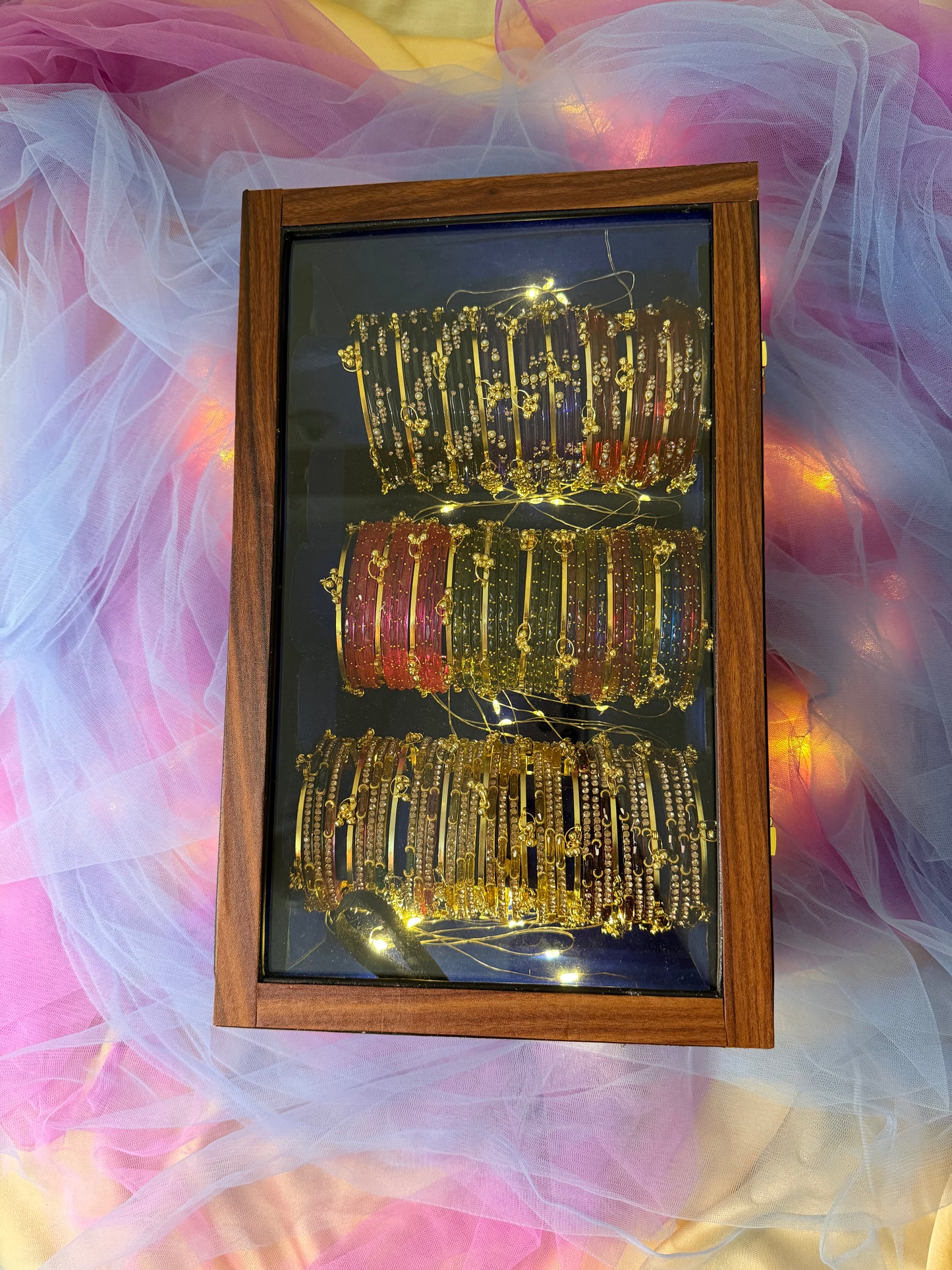 Premium Royal Blue Velvet Interior with Wooden Glass Display Box Woth 9 Premium Bangle set.