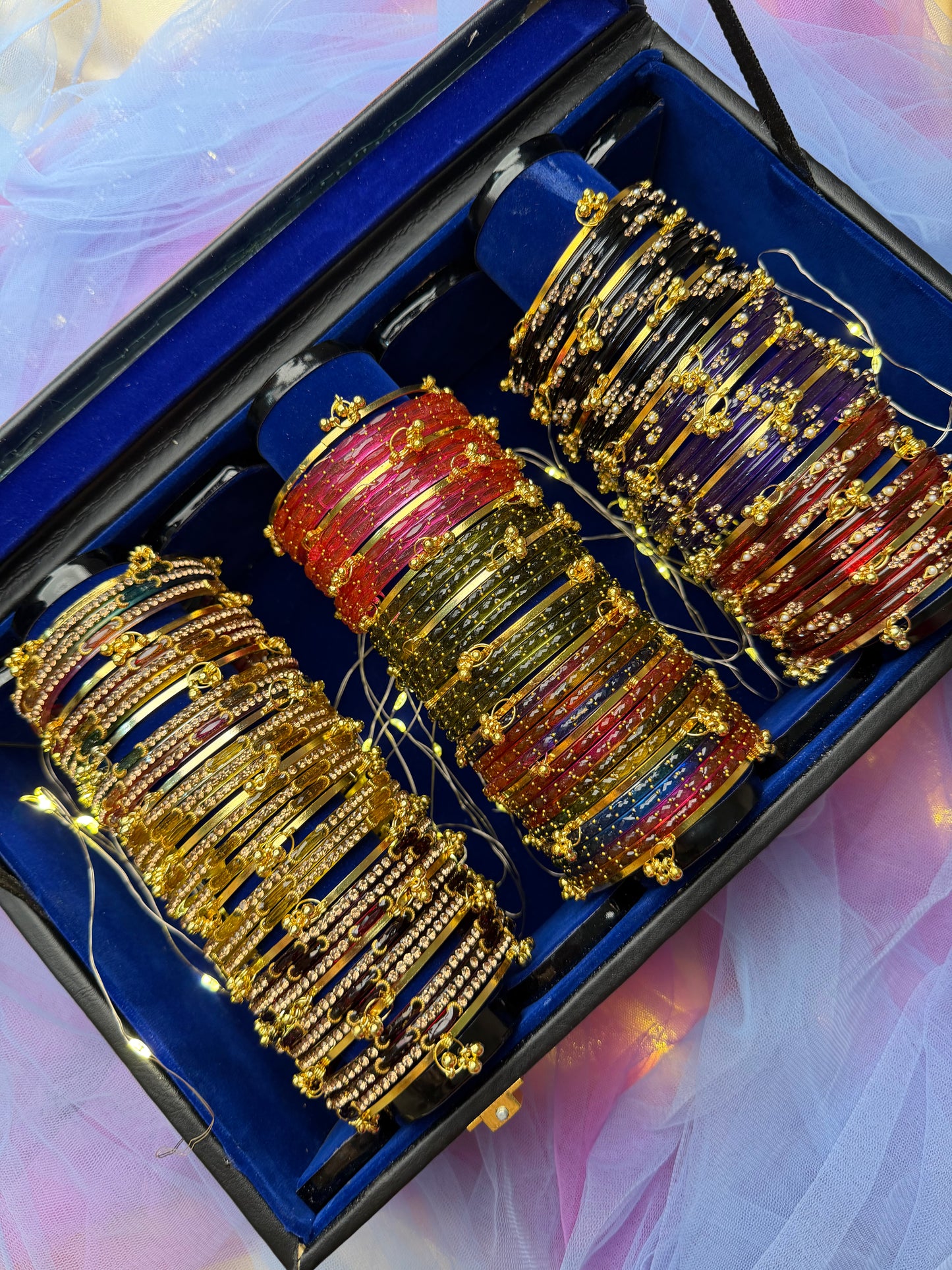 Premium Royal Blue Velvet Interior with Wooden Glass Display Box Woth 9 Premium Bangle set.