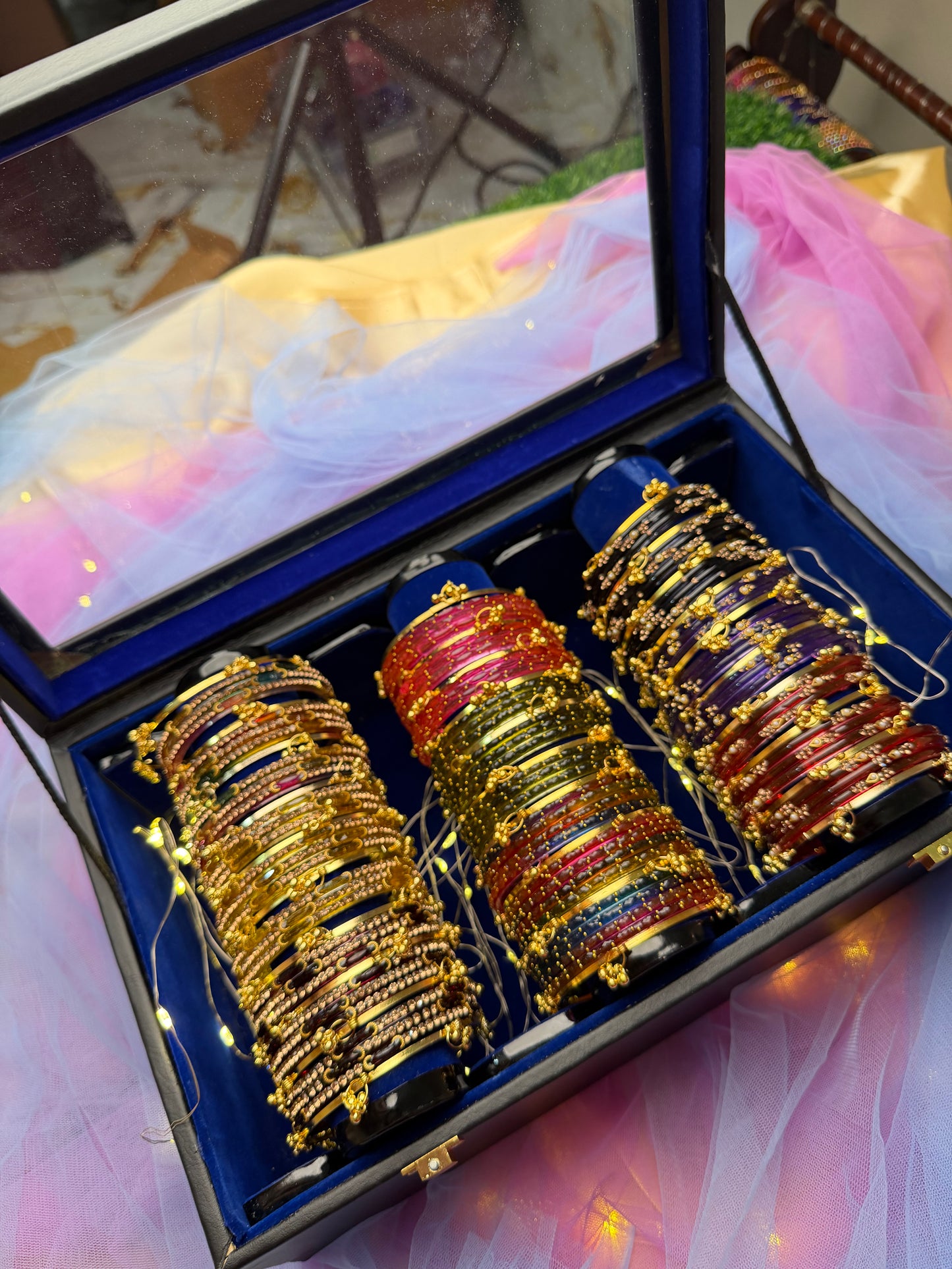 Premium Royal Blue Velvet Interior with Wooden Glass Display Box Woth 9 Premium Bangle set.
