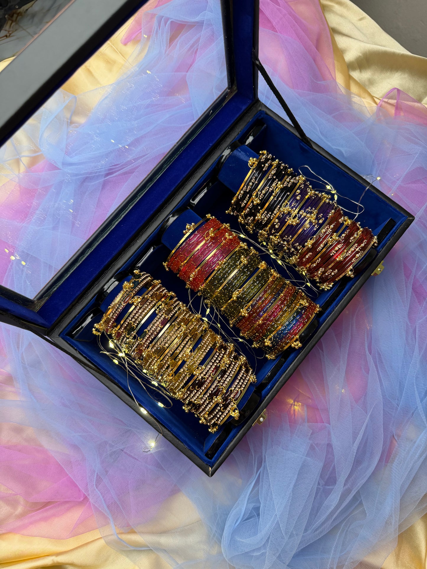 Premium Royal Blue Velvet Interior with Wooden Glass Display Box Woth 9 Premium Bangle set.