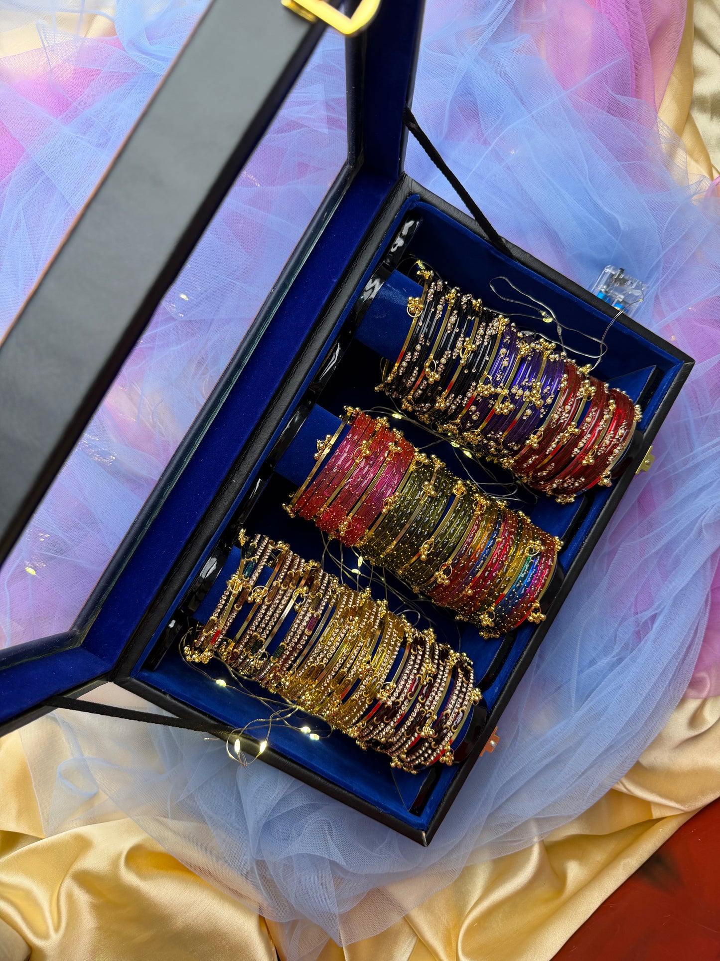 Premium Royal Blue Velvet Interior with Wooden Glass Display Box Woth 9 Premium Bangle set.