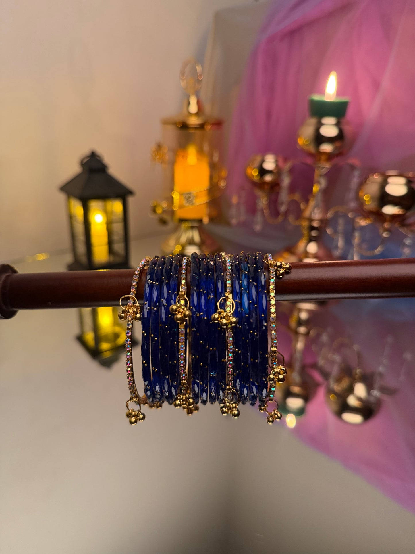 Kashmiri Royal Sapphire Blue  Raindrop stone Ghungroo Glass Bangles