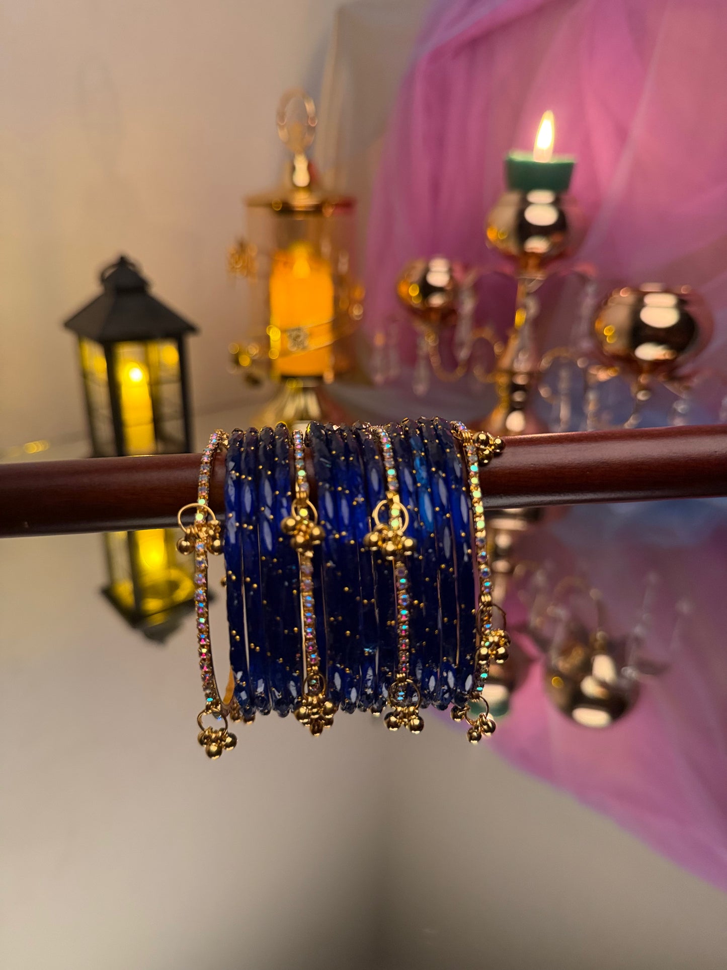 Kashmiri Royal Sapphire Blue  Raindrop stone Ghungroo Glass Bangles