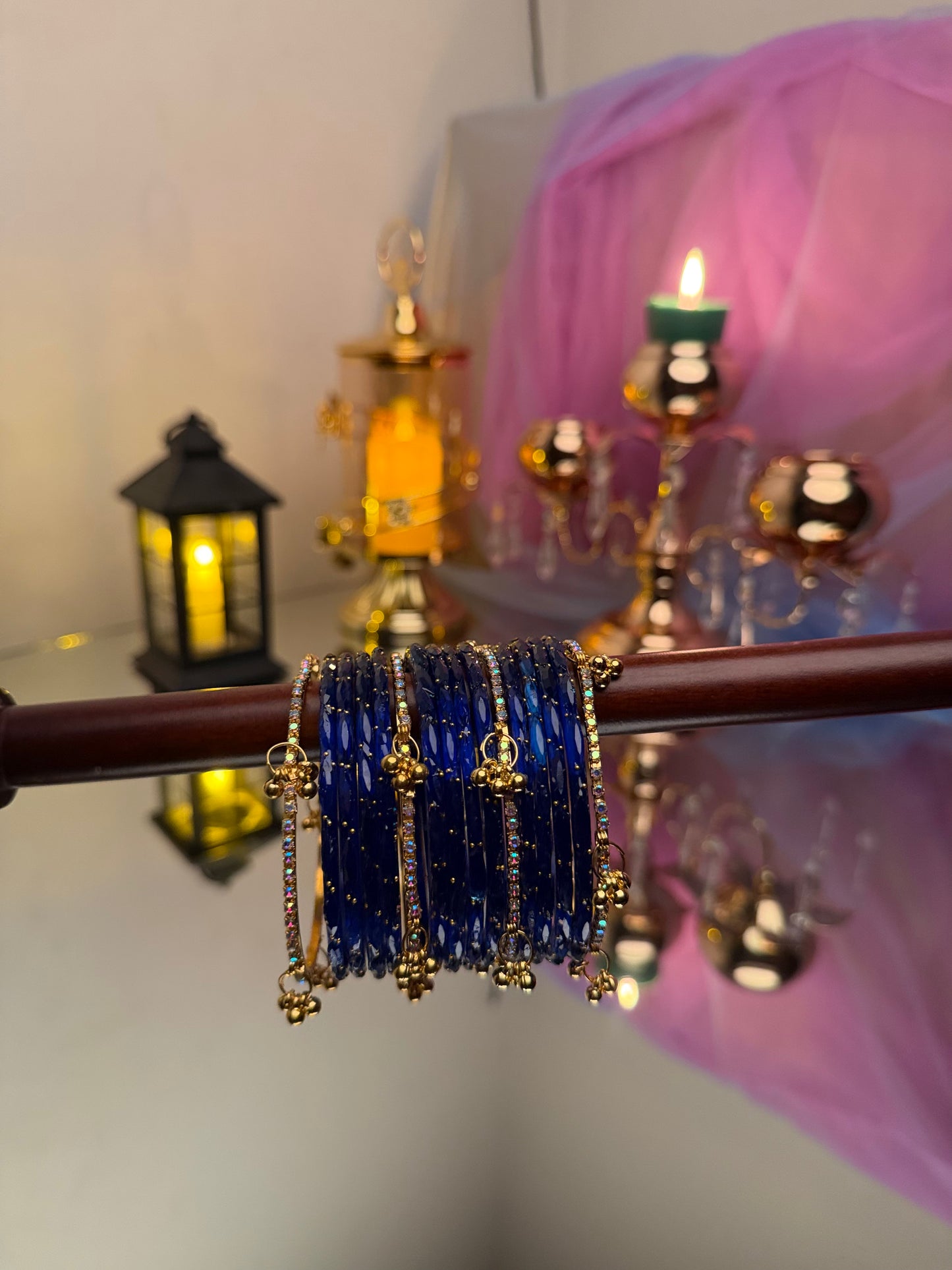 Kashmiri Royal Sapphire Blue  Raindrop stone Ghungroo Glass Bangles