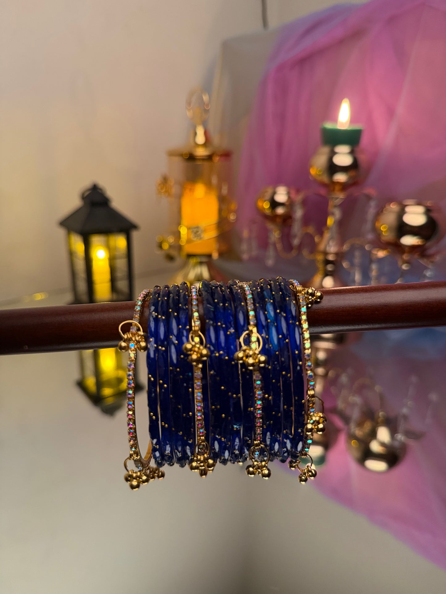 Kashmiri Royal Sapphire Blue  Raindrop stone Ghungroo Glass Bangles