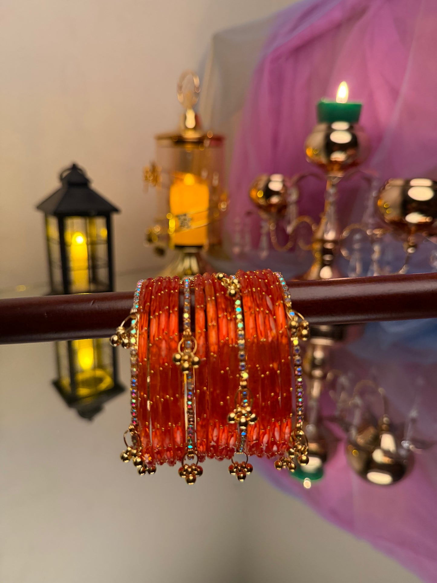 Kashmiri Amber Orange Raindrop stone Ghungroo Glass Bangles