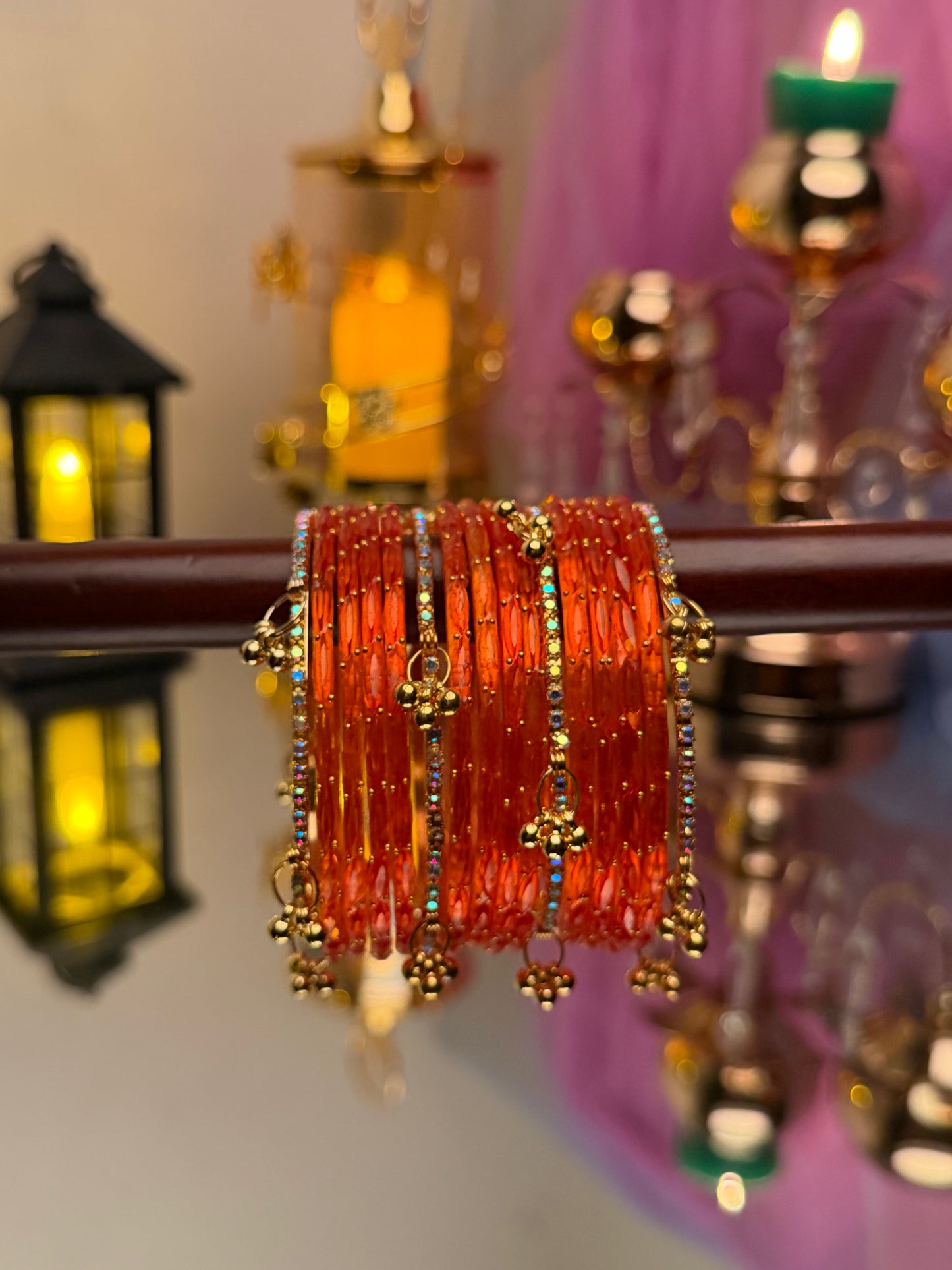 Kashmiri Amber Orange Raindrop stone Ghungroo Glass Bangles